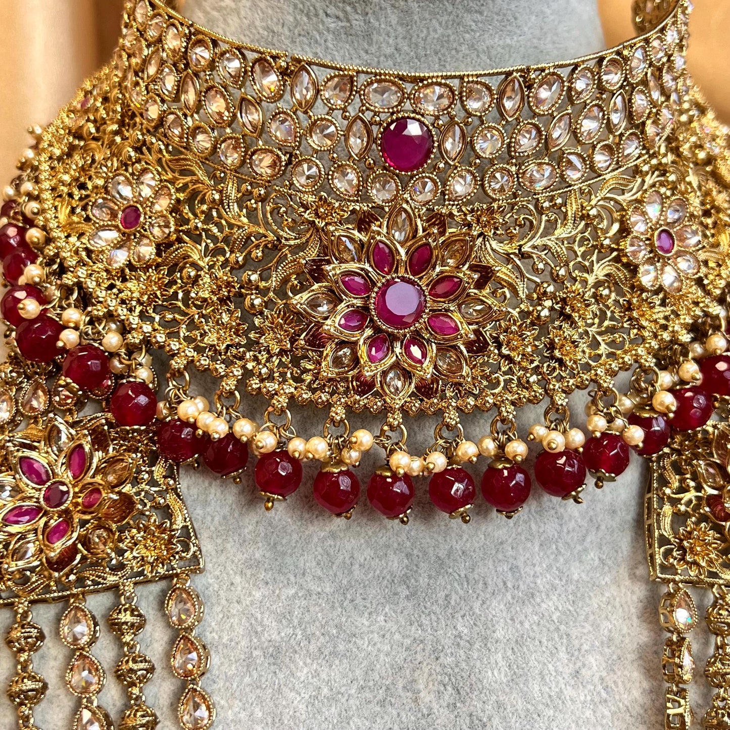 Ruby 5 Piece Antique Gold Champagne Zircon Bridal Choker Chain Jhumka Earring Mathapatti NoseRing Hand Harness High Quality Indian Pakistani