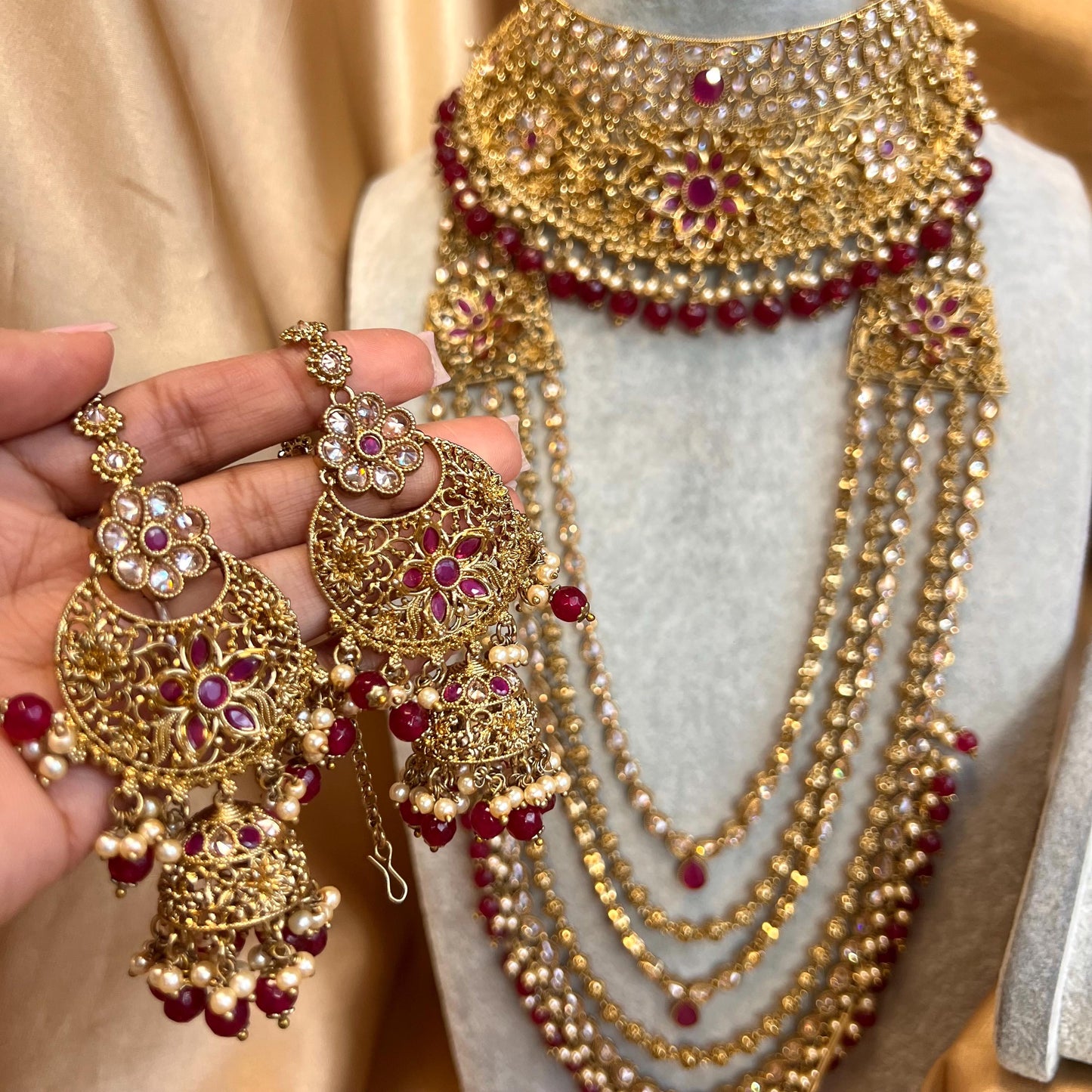 Ruby 5 Piece Antique Gold Champagne Zircon Bridal Choker Chain Jhumka Earring Mathapatti NoseRing Hand Harness High Quality Indian Pakistani