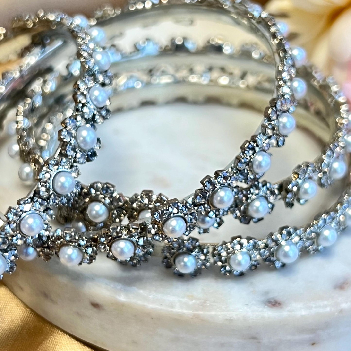 Silver Oxidised Daisy Pearl Bangles set of 4 High Quality Gift for her Indian Pakistani Bracelet Rhinestone