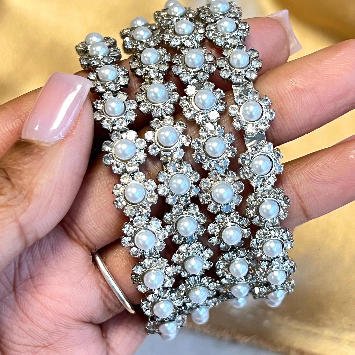 Silver Oxidised Daisy Pearl Bangles set of 4 High Quality Gift for her Indian Pakistani Bracelet Rhinestone