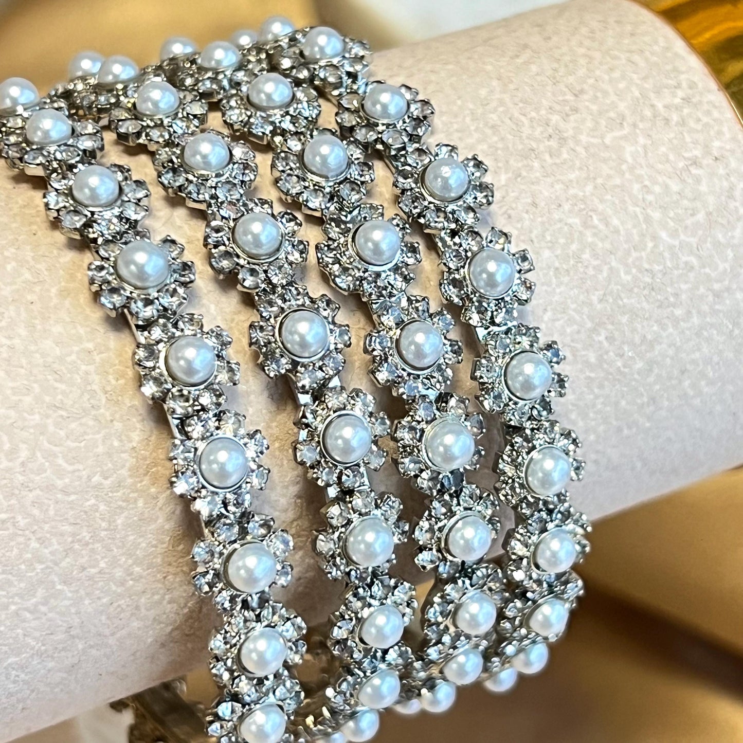 Silver Oxidised Daisy Pearl Bangles set of 4 High Quality Gift for her Indian Pakistani Bracelet Rhinestone