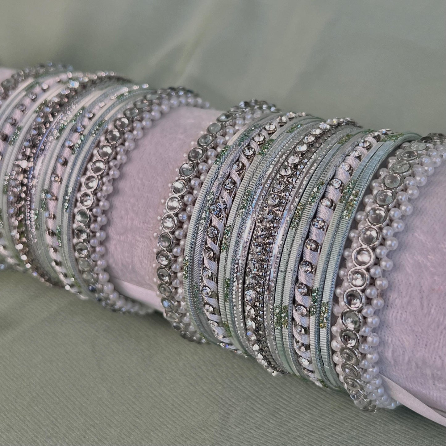 Small Silver & Mint Pearly Bangle Set - Both Arms/Pink Bangle Set/ Silver Bangle Set/ Pearly Bangle Set/ Faux Kundan Bangle Set