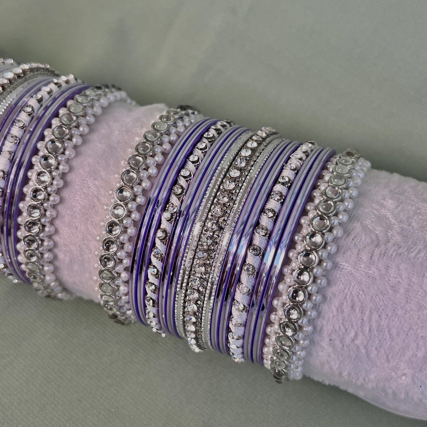 Small Silver & Lilac Pearly Bangle Set - Both Arms/Pink Bangle Set/ Silver Bangle Set/ Pearly Bangle Set/ Faux Kundan Bangle Set
