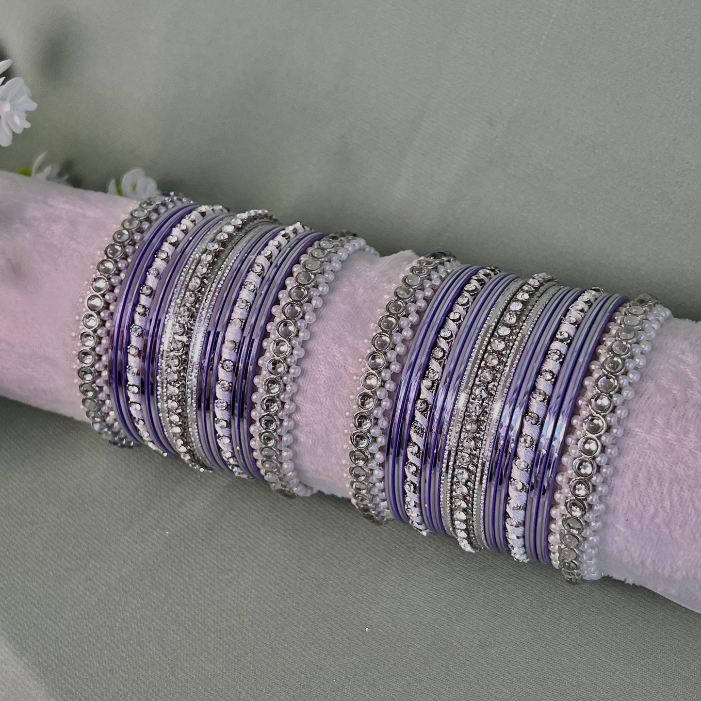 Small Silver & Lilac Pearly Bangle Set - Both Arms/Pink Bangle Set/ Silver Bangle Set/ Pearly Bangle Set/ Faux Kundan Bangle Set