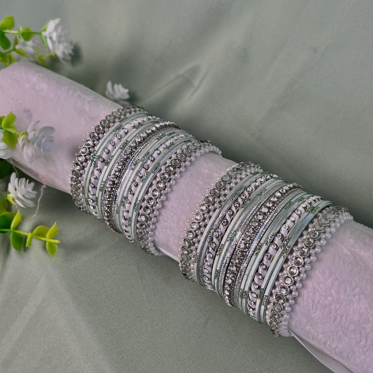 Small Silver & Mint Pearly Bangle Set - Both Arms/Pink Bangle Set/ Silver Bangle Set/ Pearly Bangle Set/ Faux Kundan Bangle Set