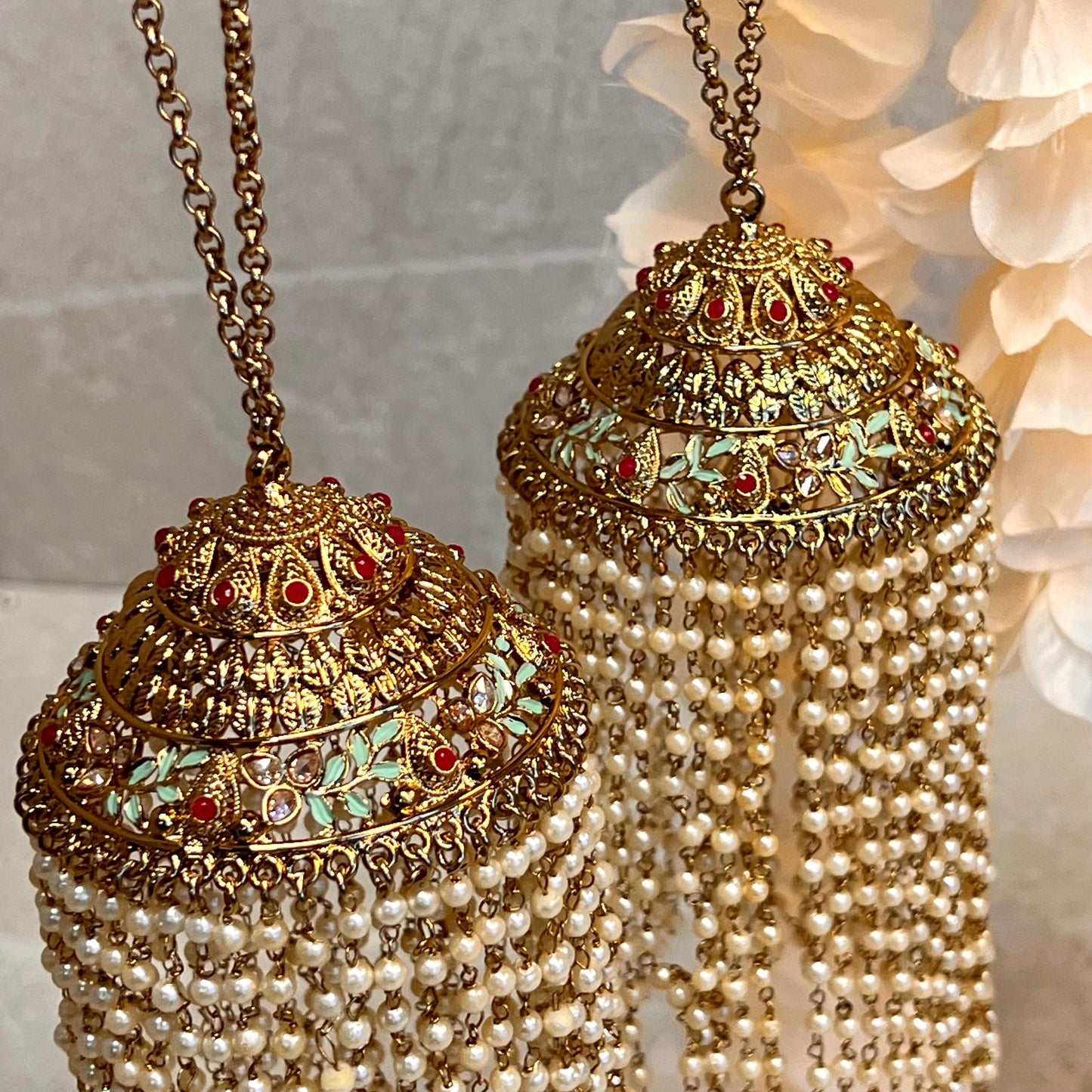 Kaleera (Pair) Extra Large Mint Ruby Pink Luxury Antique Gold with Champagne Zircon Crystals. High Quality Adjustable one size fits all