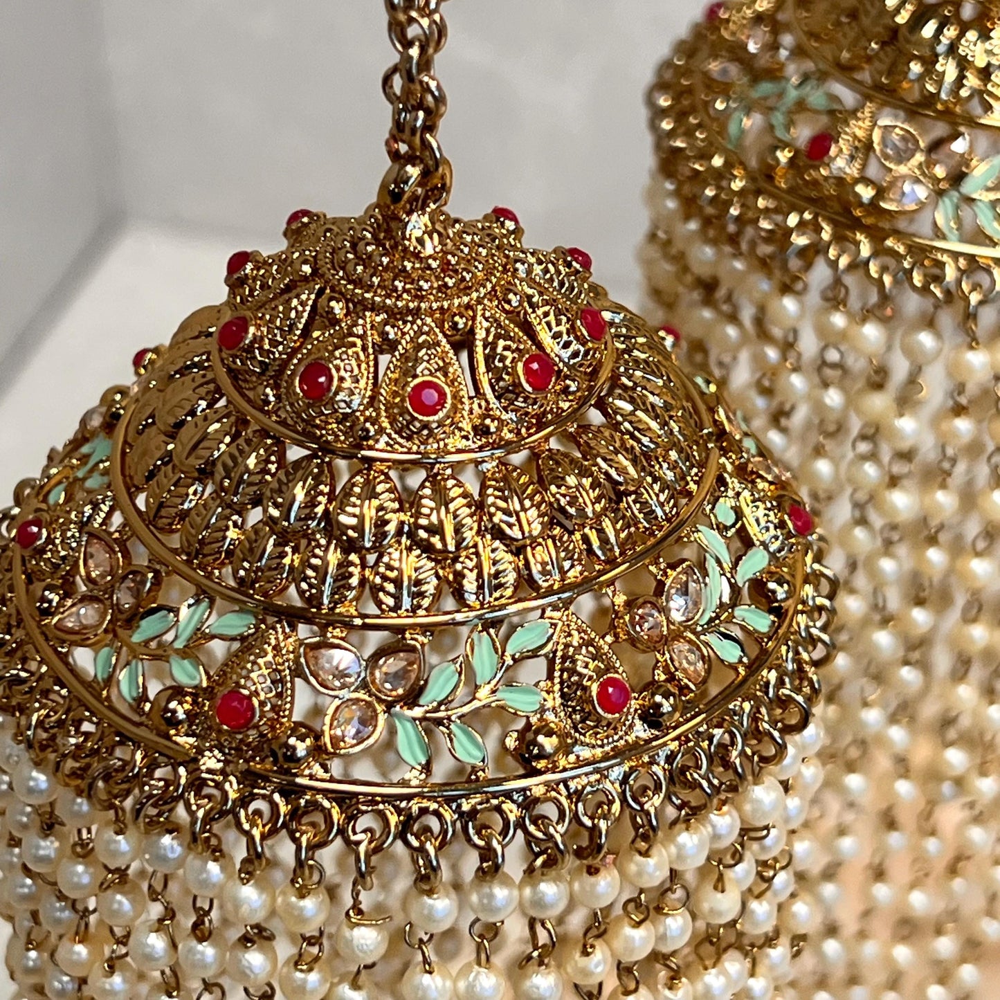 Kaleera (Pair) Extra Large Mint Ruby Pink Luxury Antique Gold with Champagne Zircon Crystals. High Quality Adjustable one size fits all