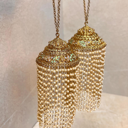 Kaleera (Pair) Extra Large Mint Luxury Antique Gold with Champagne Zircon Crystals. High Quality Adjustable one size fits all Handmade