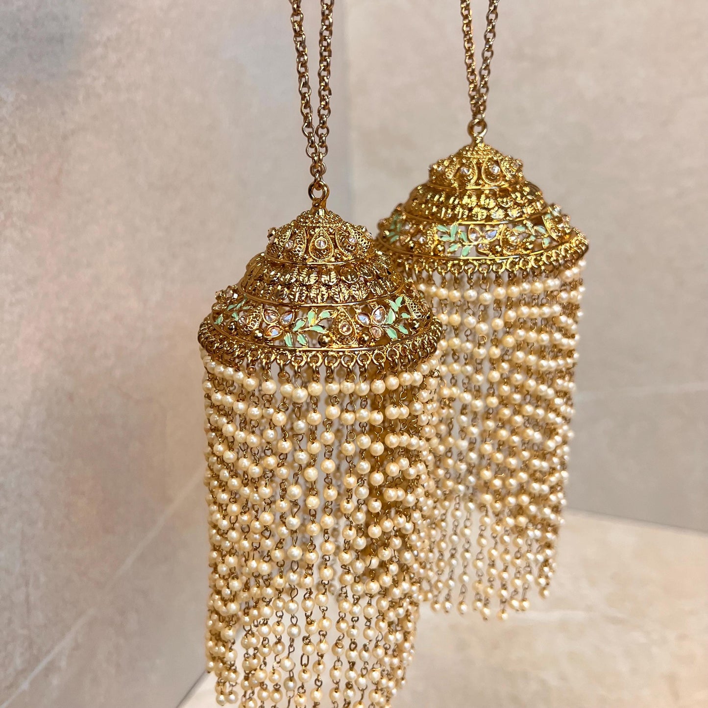 Kaleera (Pair) Extra Large Mint Luxury Antique Gold with Champagne Zircon Crystals. High Quality Adjustable one size fits all Handmade