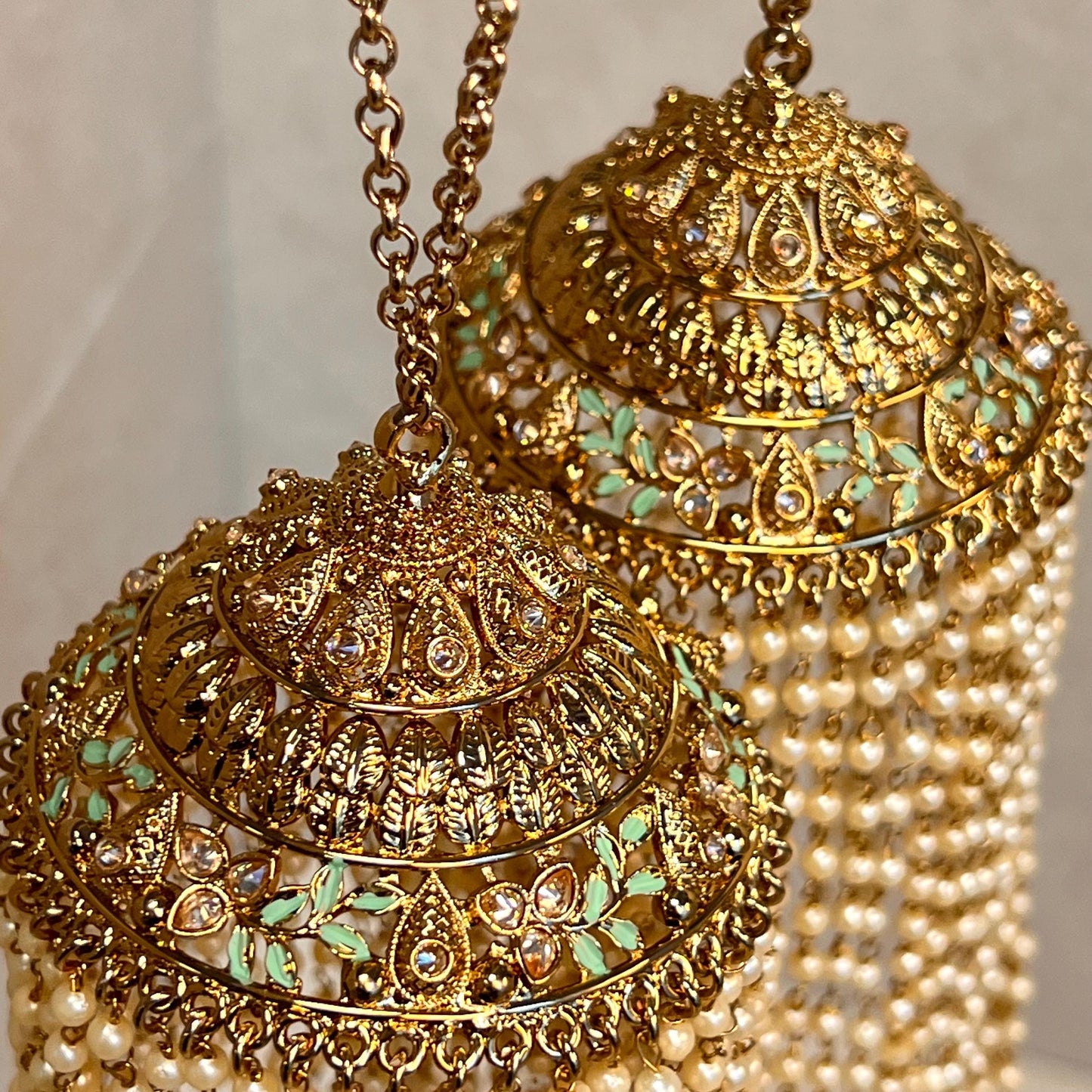 Kaleera (Pair) Extra Large Mint Luxury Antique Gold with Champagne Zircon Crystals. High Quality Adjustable one size fits all Handmade