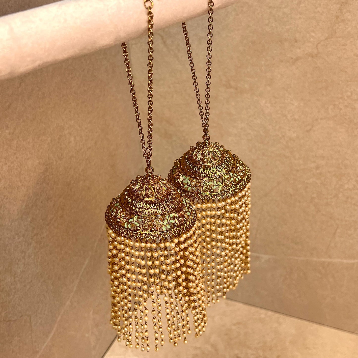 Kaleera (Pair) Extra Large Mint Luxury Antique Gold with Champagne Zircon Crystals. High Quality Adjustable one size fits all Handmade