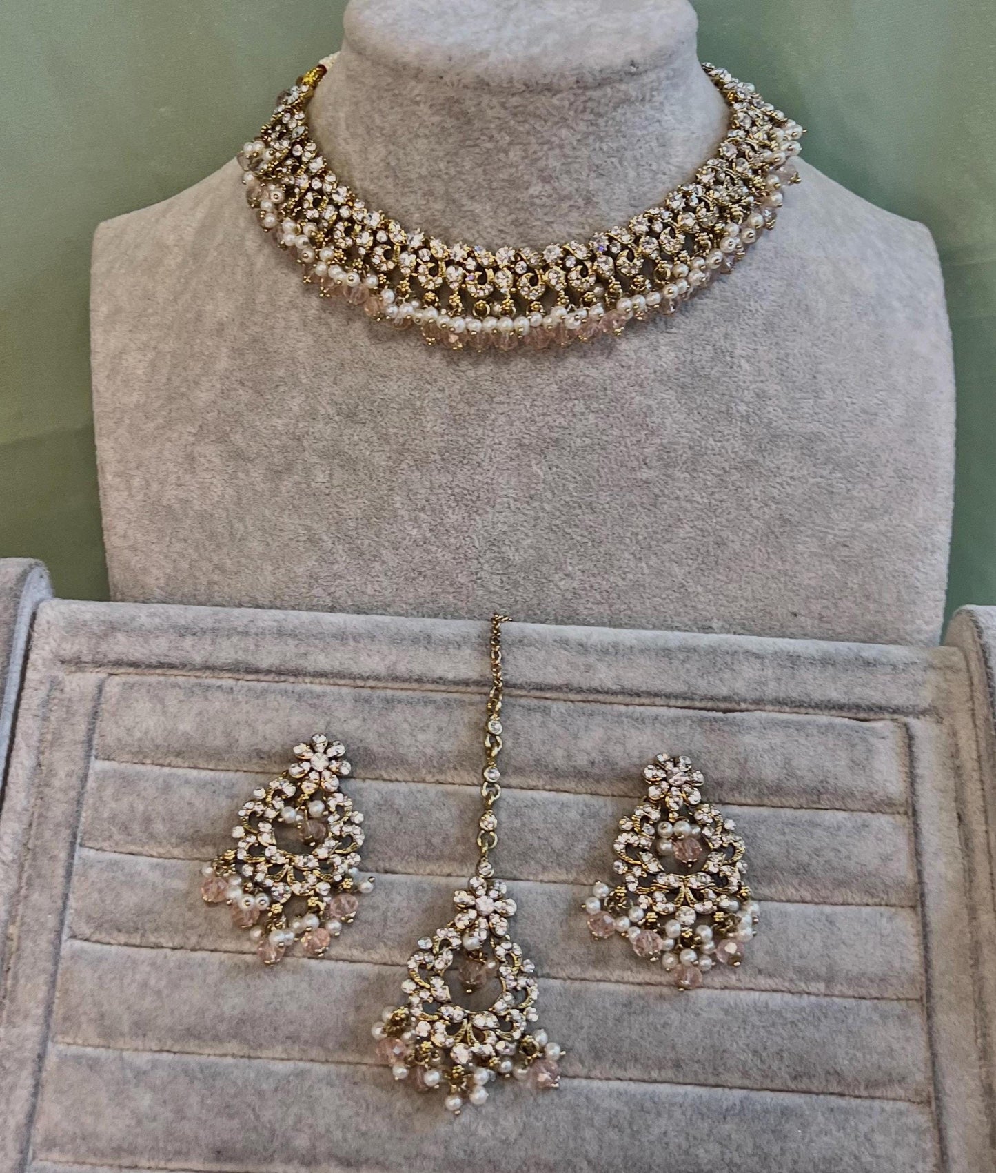 Light Pink Clear Crystal Necklace Set/Pink Necklace Set/Indian Necklace Set/Light Pink Necklace Set