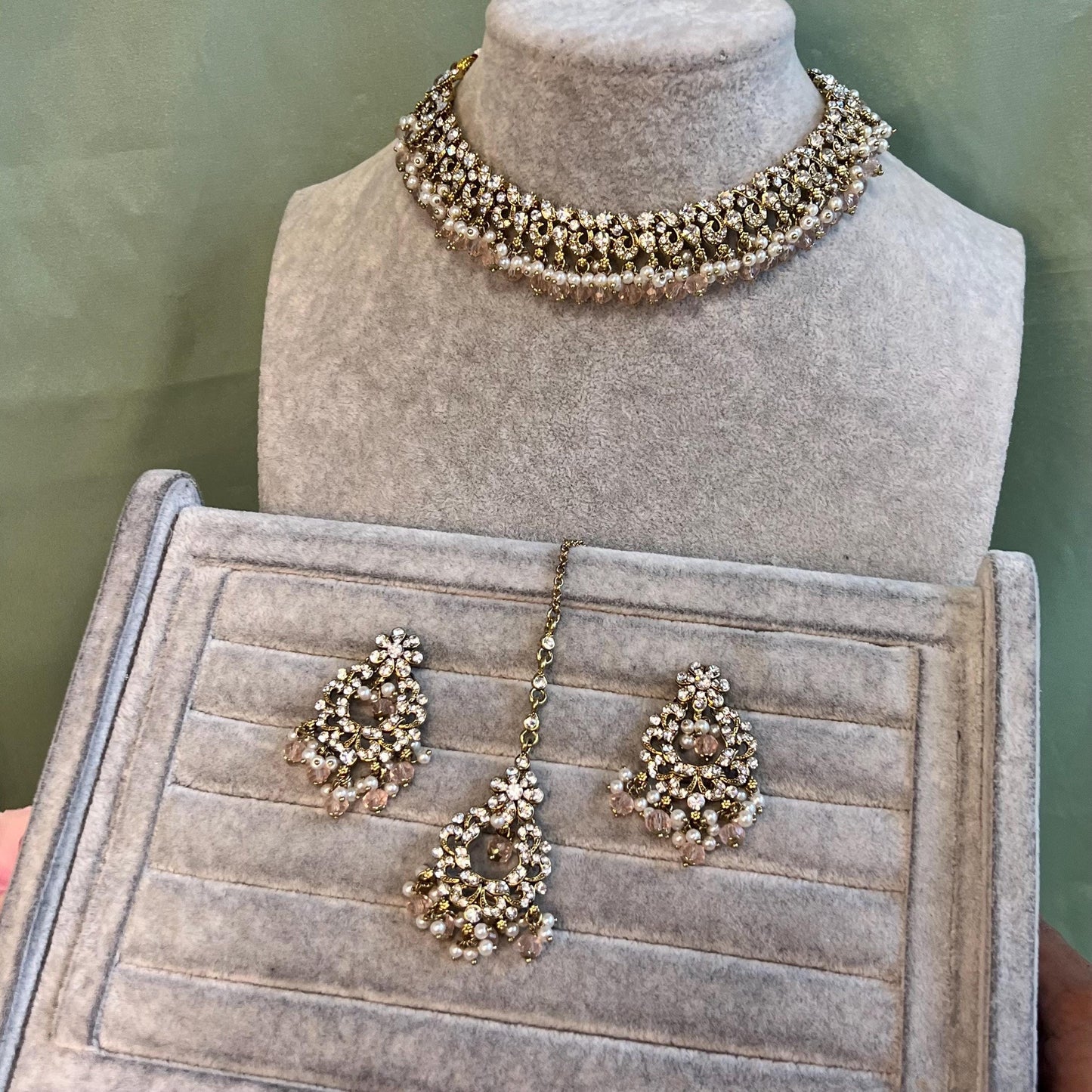 Light Pink Clear Crystal Necklace Set/Pink Necklace Set/Indian Necklace Set/Light Pink Necklace Set