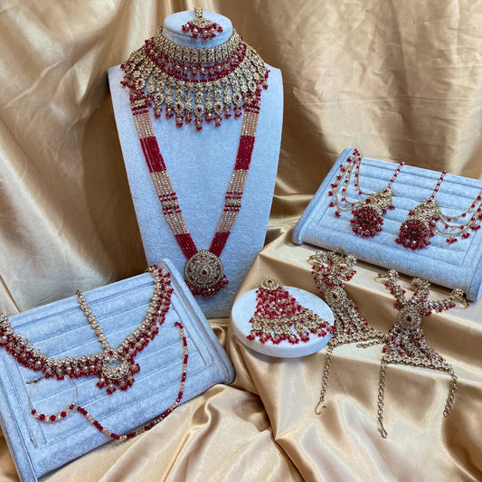 Red 10 Piece Antique Gold Champagne Bridal Choker Necklace Mala Tikka Earring Mathapatti Jhumar Hand Harness Indian Pakistani Full Set SALE