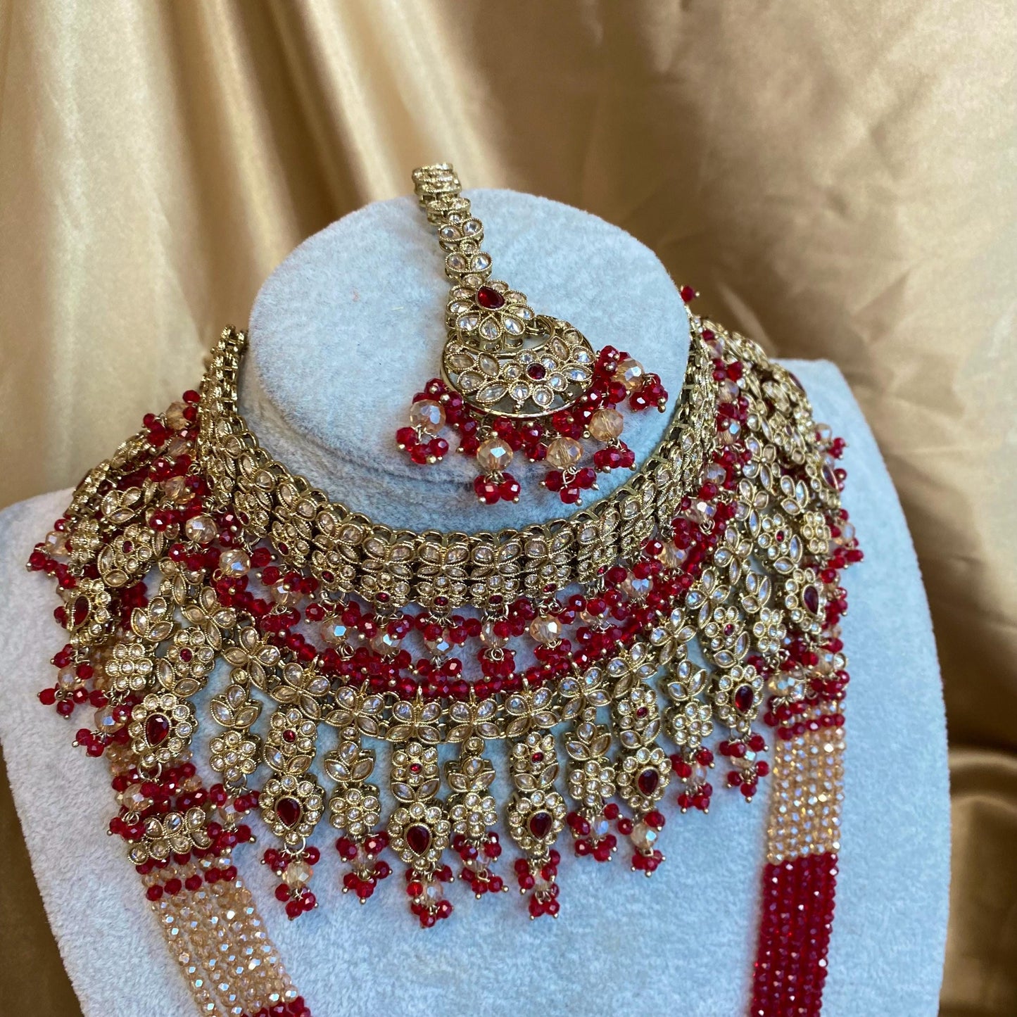 Red 10 Piece Antique Gold Champagne Bridal Choker Necklace Mala Tikka Earring Mathapatti Jhumar Hand Harness Indian Pakistani Full Set SALE