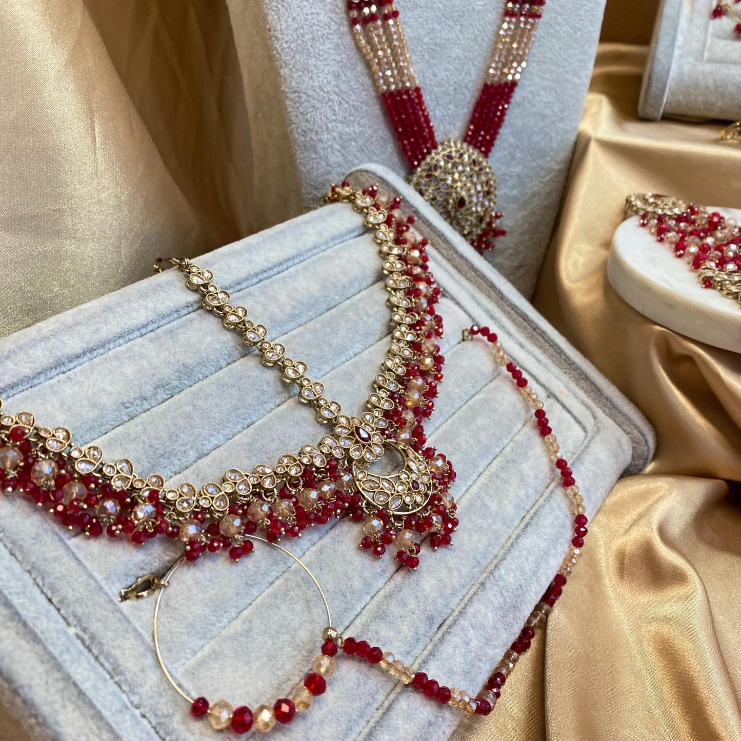 Red 10 Piece Antique Gold Champagne Bridal Choker Necklace Mala Tikka Earring Mathapatti Jhumar Hand Harness Indian Pakistani Full Set SALE