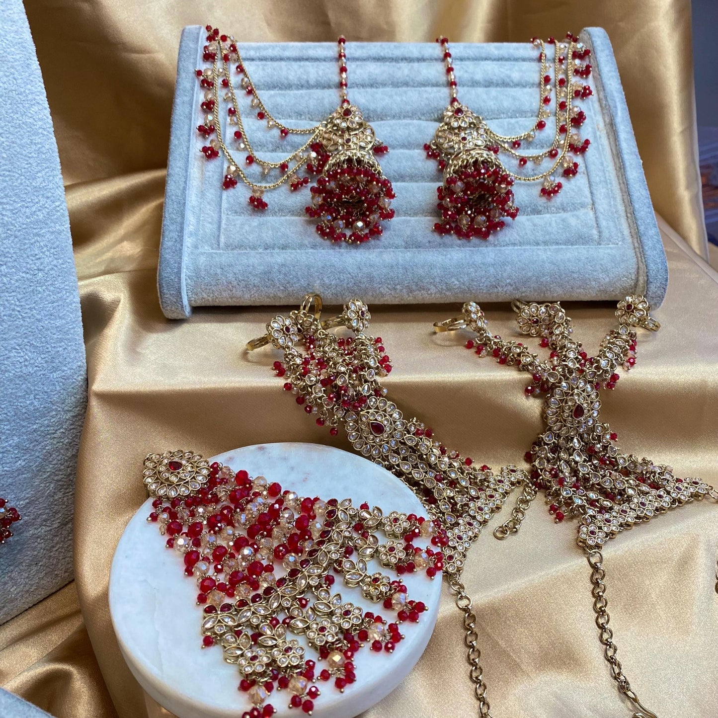 Red 10 Piece Antique Gold Champagne Bridal Choker Necklace Mala Tikka Earring Mathapatti Jhumar Hand Harness Indian Pakistani Full Set SALE