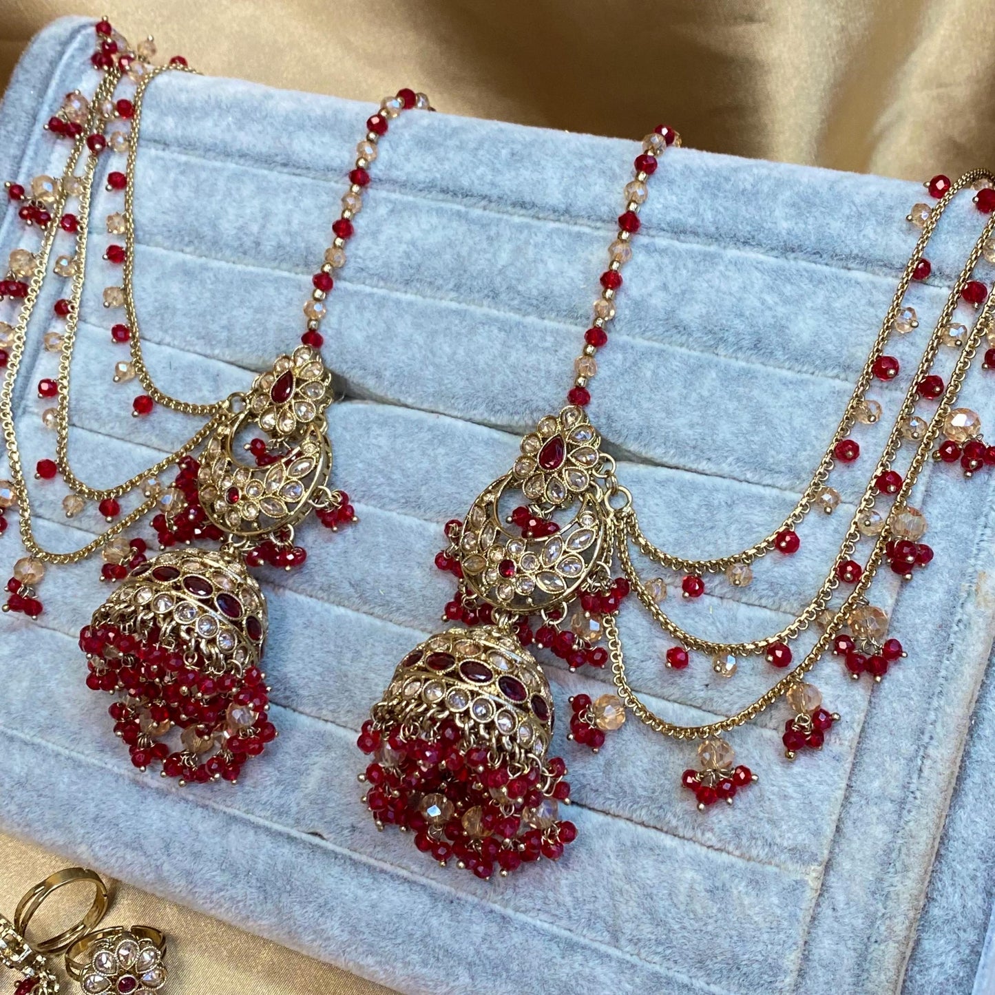 Red 10 Piece Antique Gold Champagne Bridal Choker Necklace Mala Tikka Earring Mathapatti Jhumar Hand Harness Indian Pakistani Full Set SALE