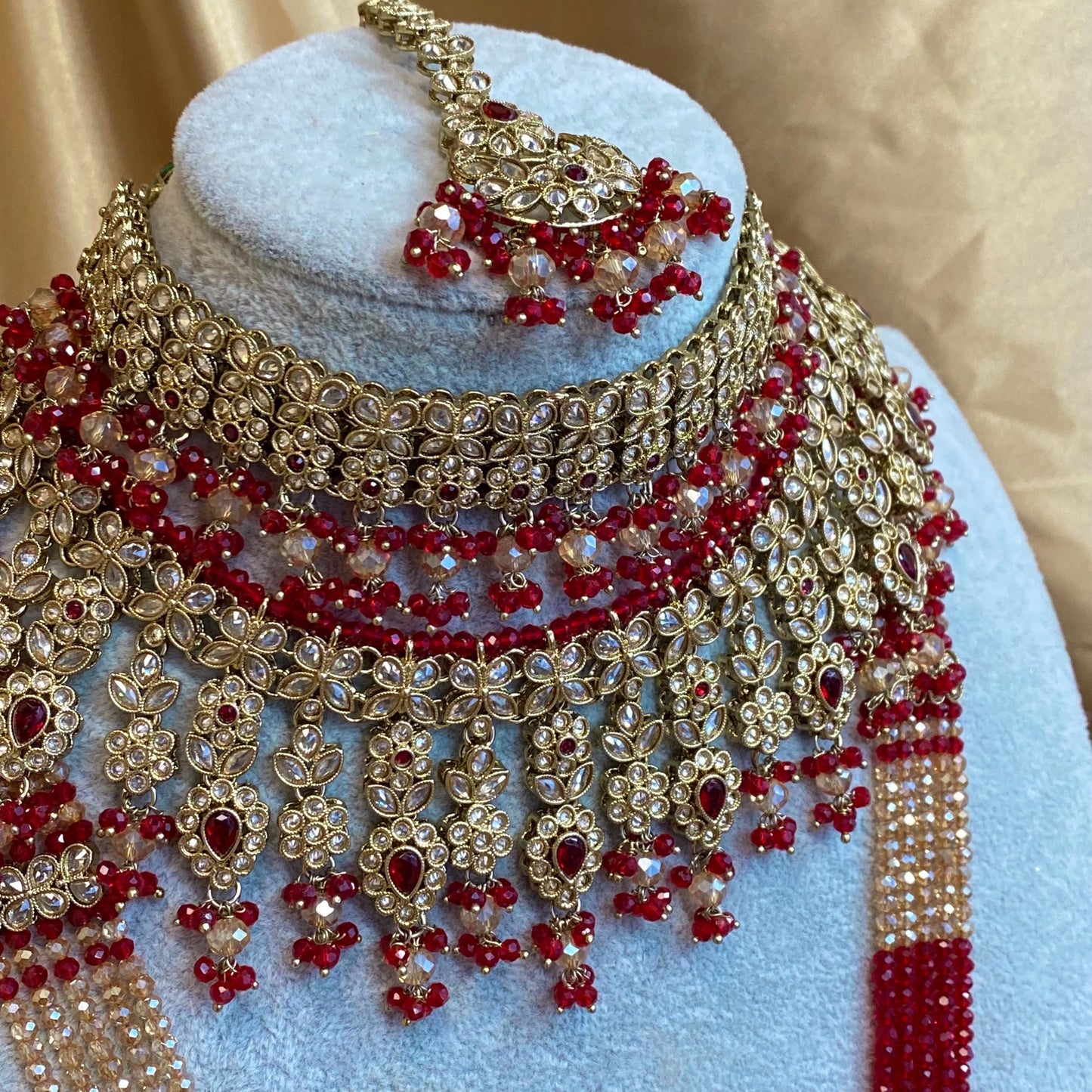 Red 10 Piece Antique Gold Champagne Bridal Choker Necklace Mala Tikka Earring Mathapatti Jhumar Hand Harness Indian Pakistani Full Set SALE