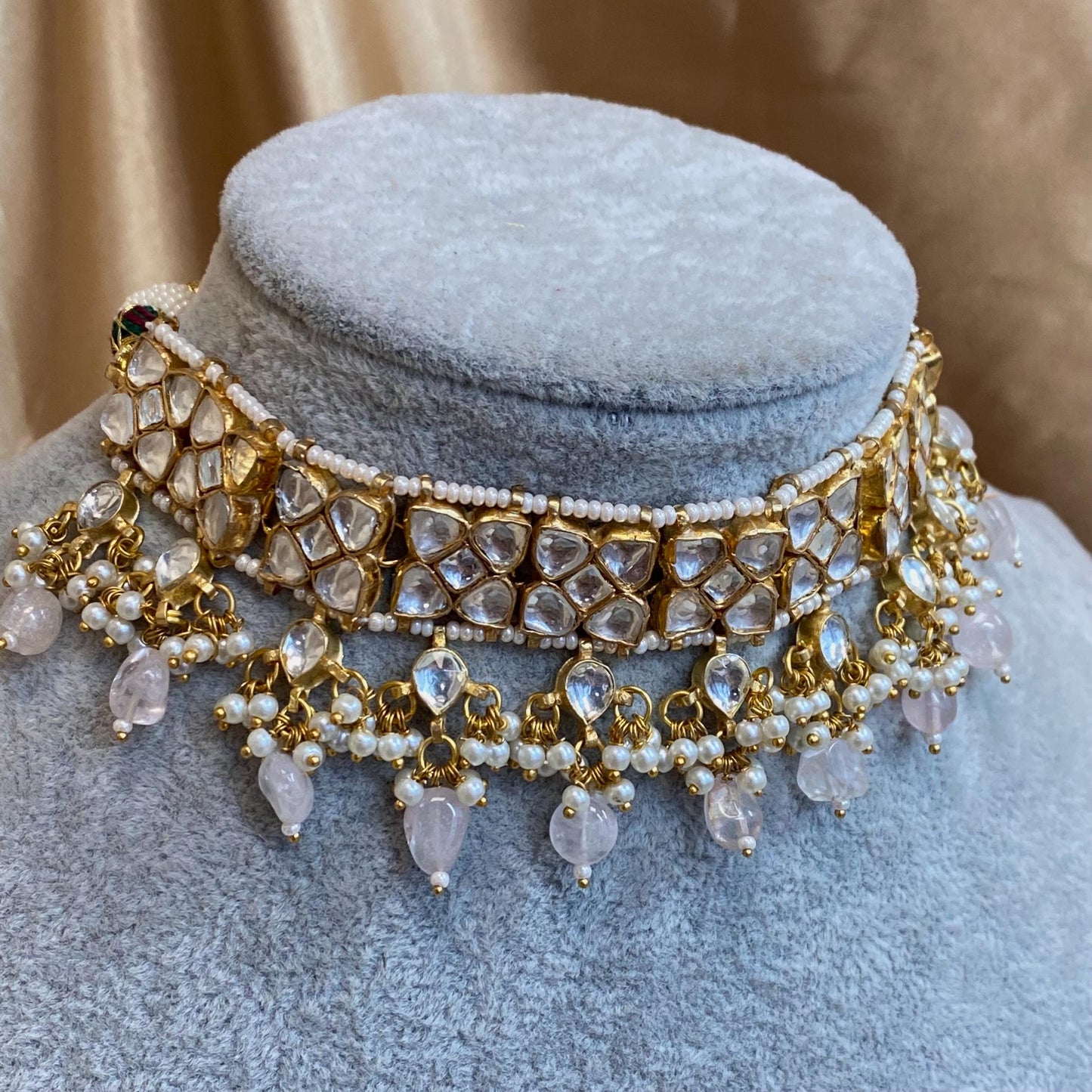 Pink Quatz Gold Plated Kundan! Choker Necklace Jhumka Earring Large Tikka High Quality Clear Set Indian Pakistani Luxury Bridal Set 4 piece