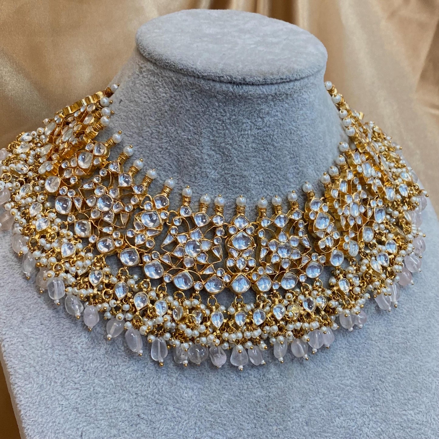 Pink Quatz Gold Plated Kundan! Choker Necklace Jhumka Earring Large Tikka High Quality Clear Set Indian Pakistani Luxury Bridal Set 4 piece