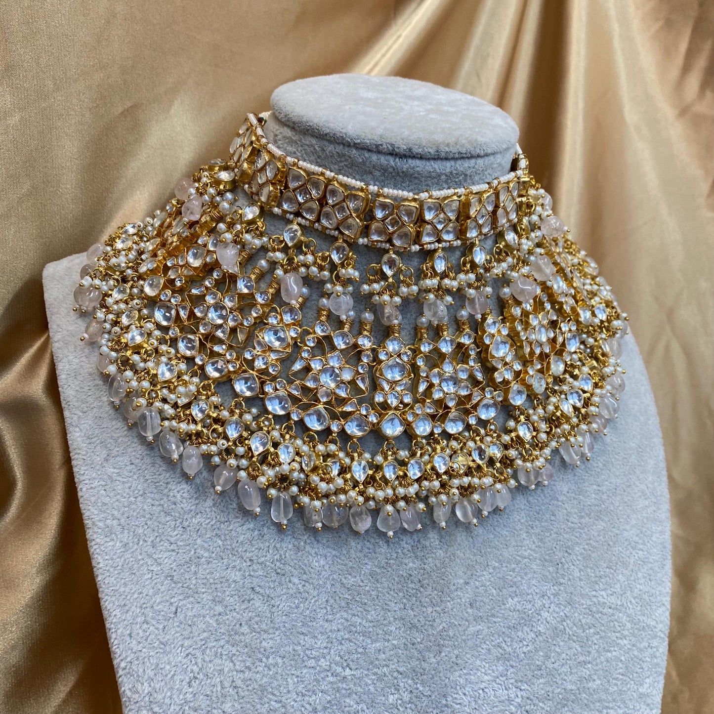 Pink Quatz Gold Plated Kundan! Choker Necklace Jhumka Earring Large Tikka High Quality Clear Set Indian Pakistani Luxury Bridal Set 4 piece