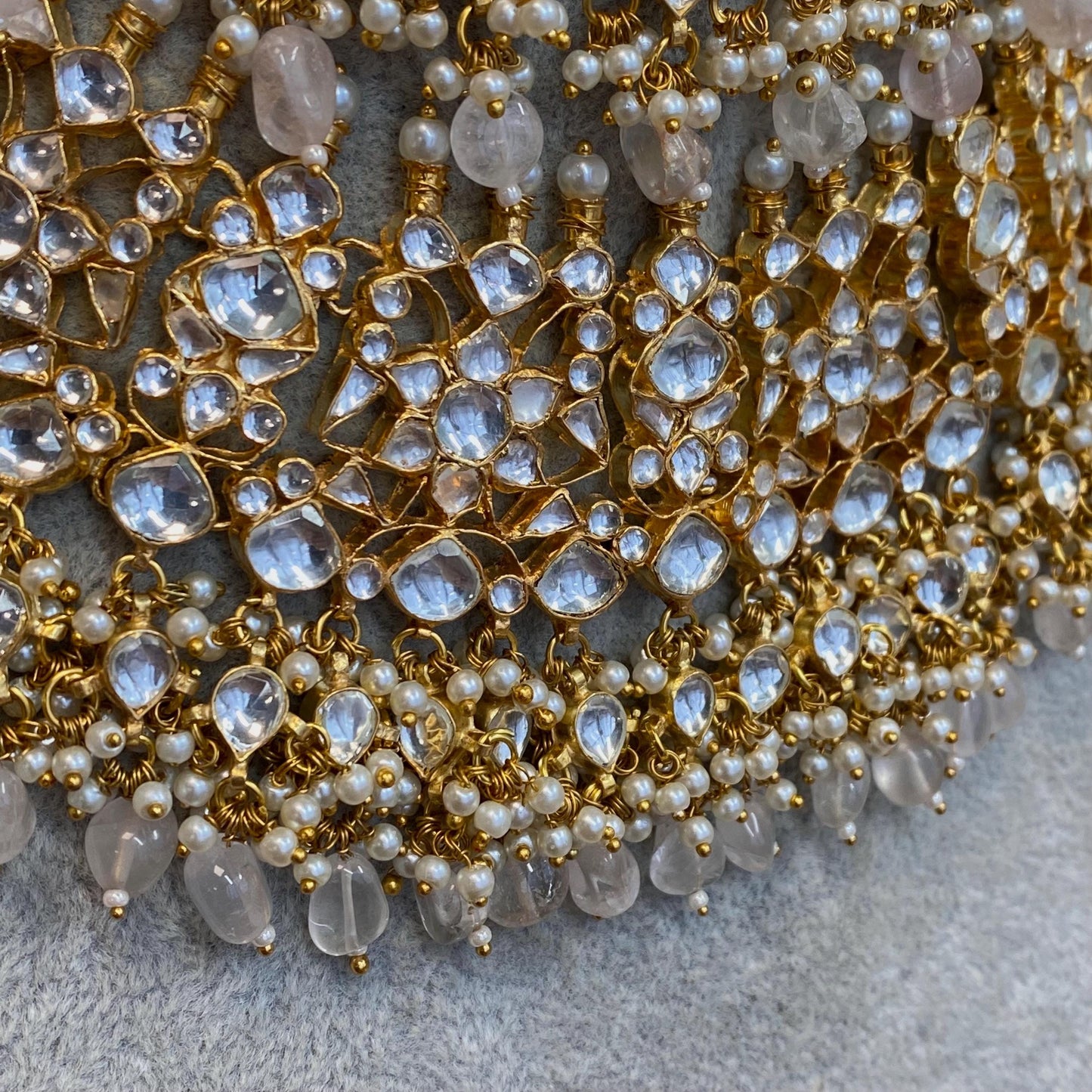 Pink Quatz Gold Plated Kundan! Choker Necklace Jhumka Earring Large Tikka High Quality Clear Set Indian Pakistani Luxury Bridal Set 4 piece