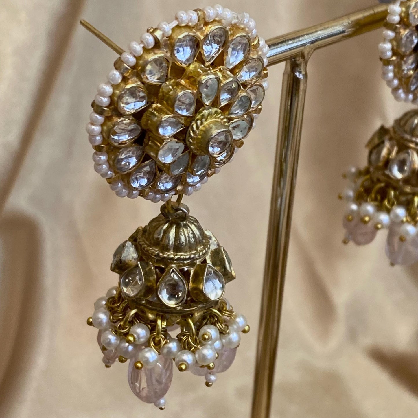 Pink Quatz Gold Plated Kundan! Choker Necklace Jhumka Earring Large Tikka High Quality Clear Set Indian Pakistani Luxury Bridal Set 4 piece