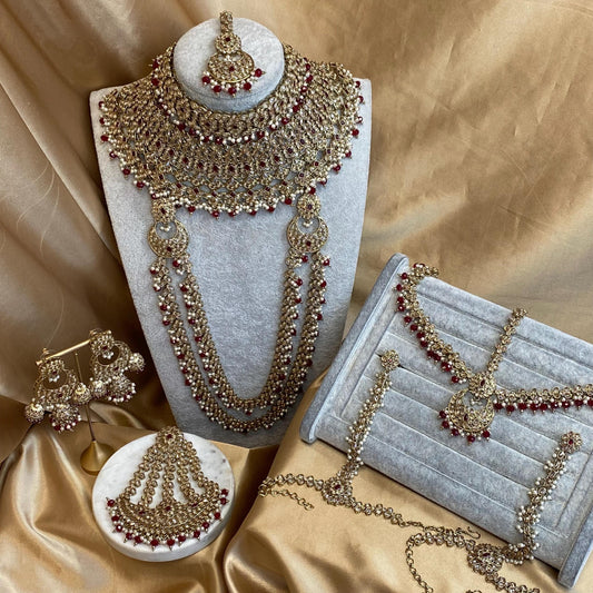 Maroon 9Piece Antique Gold Champagne Bridal Choker Necklace Mala Tikka Earring Mathapatti Jhumar Hand Harness Indian Pakistani Full Set SALE