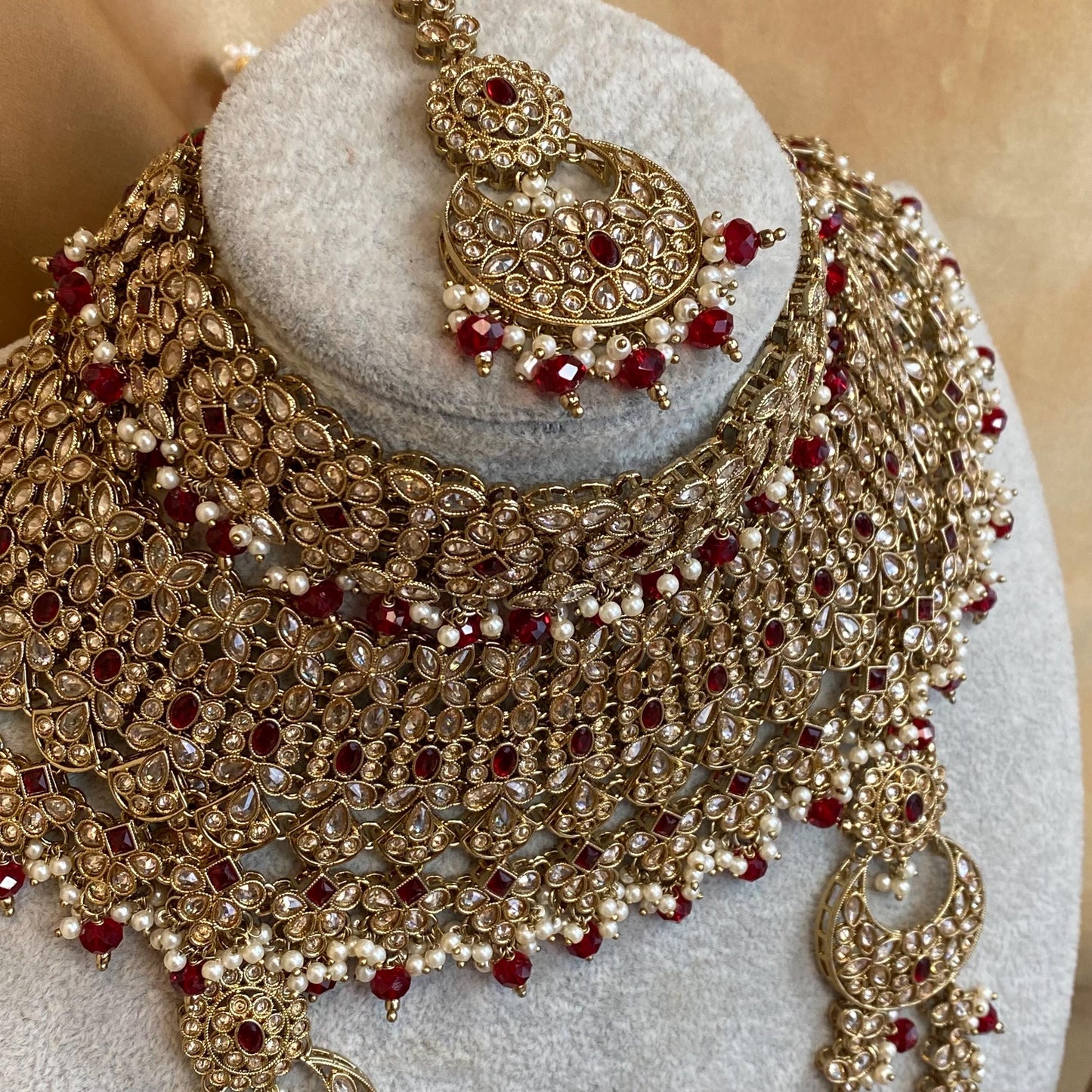 Maroon 9Piece Antique Gold Champagne Bridal Choker Necklace Mala Tikka Earring Mathapatti Jhumar Hand Harness Indian Pakistani Full Set SALE
