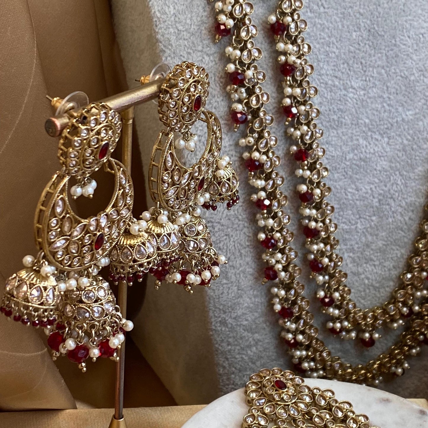 Maroon 9Piece Antique Gold Champagne Bridal Choker Necklace Mala Tikka Earring Mathapatti Jhumar Hand Harness Indian Pakistani Full Set SALE