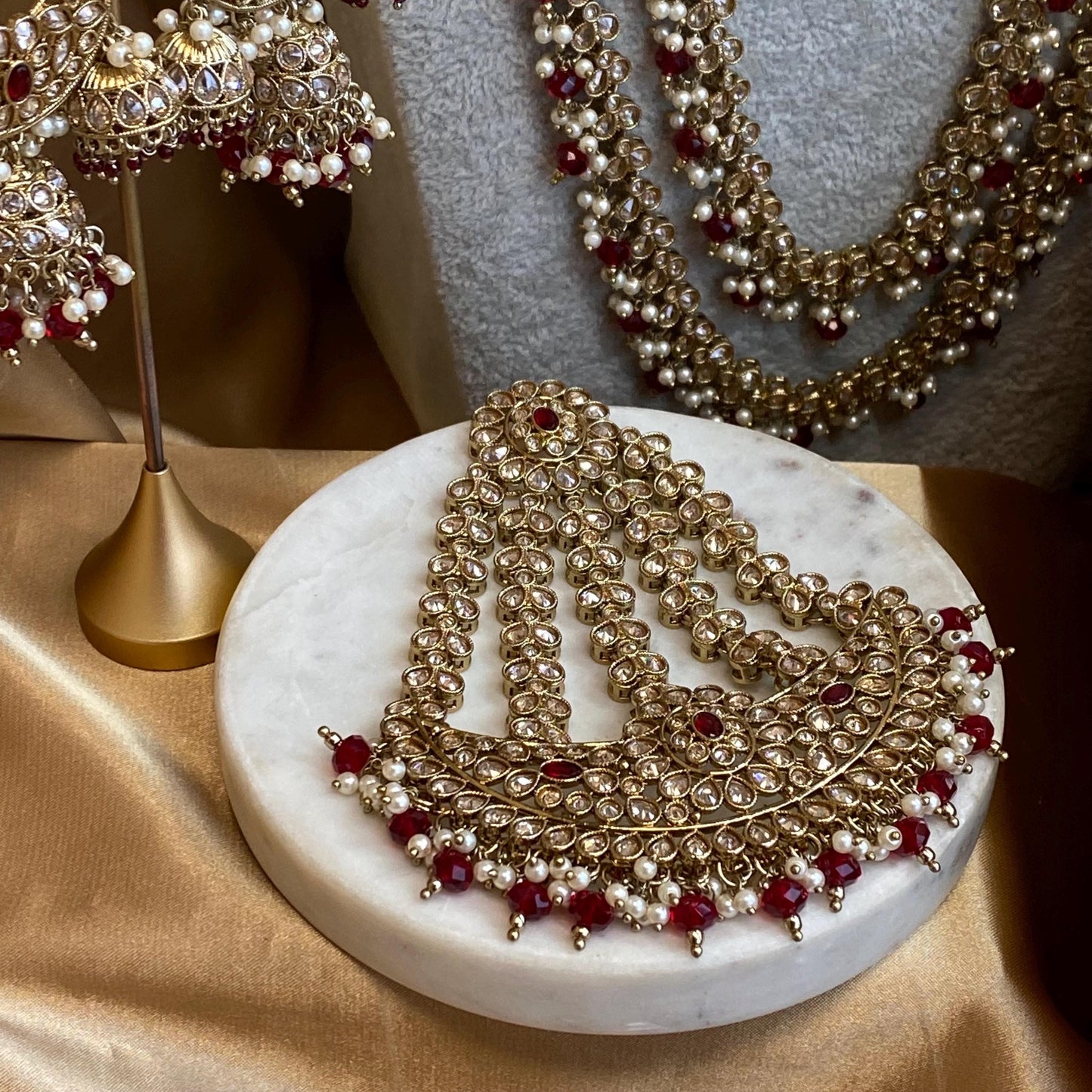 Maroon 9Piece Antique Gold Champagne Bridal Choker Necklace Mala Tikka Earring Mathapatti Jhumar Hand Harness Indian Pakistani Full Set SALE