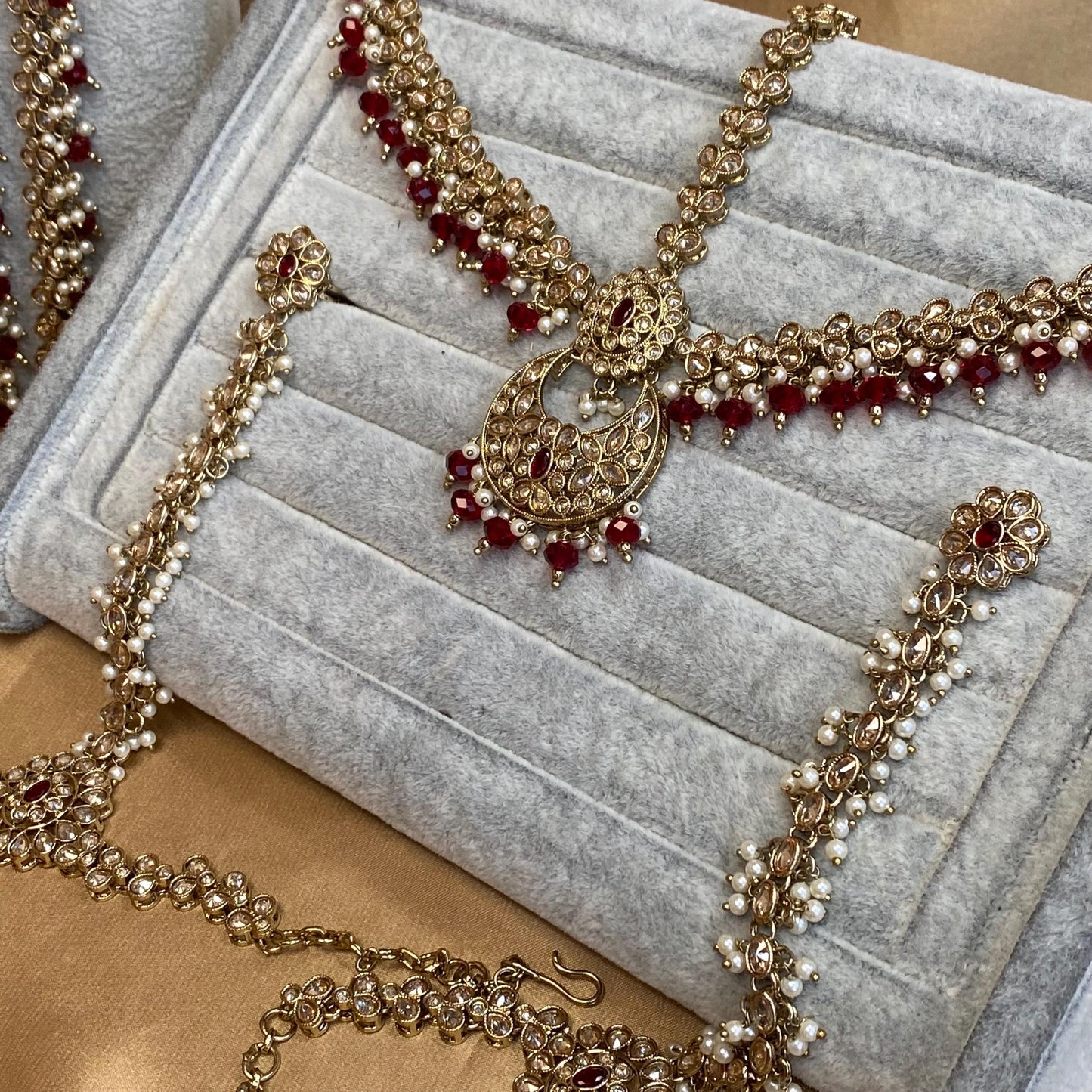 Maroon 9Piece Antique Gold Champagne Bridal Choker Necklace Mala Tikka Earring Mathapatti Jhumar Hand Harness Indian Pakistani Full Set SALE