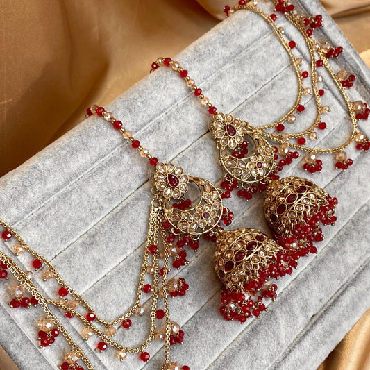 Red Antique Gold Champagne Jhumka Earring only Chain Saharey Detail Bridal Wedding Jewellery Indian Pakistani Bollywood SALE