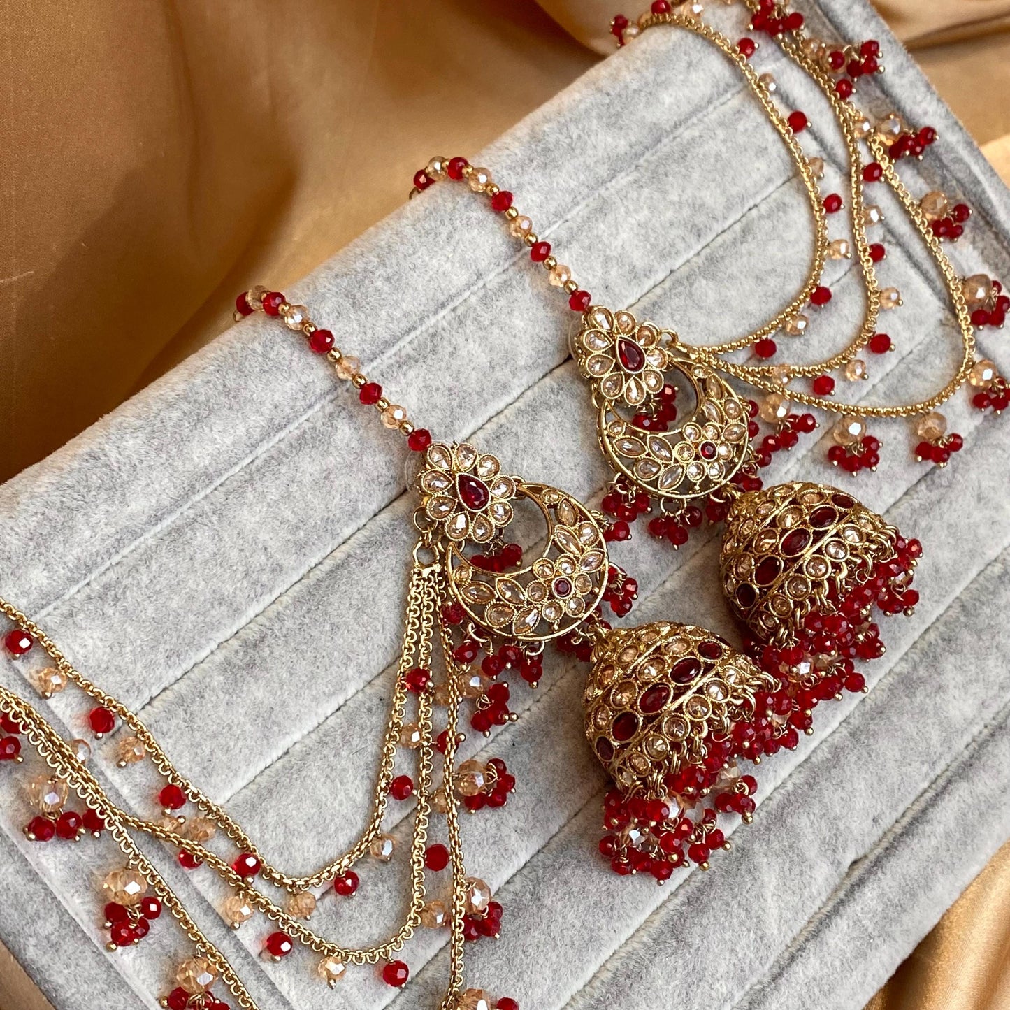 Red Antique Gold Champagne Jhumka Earring only Chain Saharey Detail Bridal Wedding Jewellery Indian Pakistani Bollywood SALE