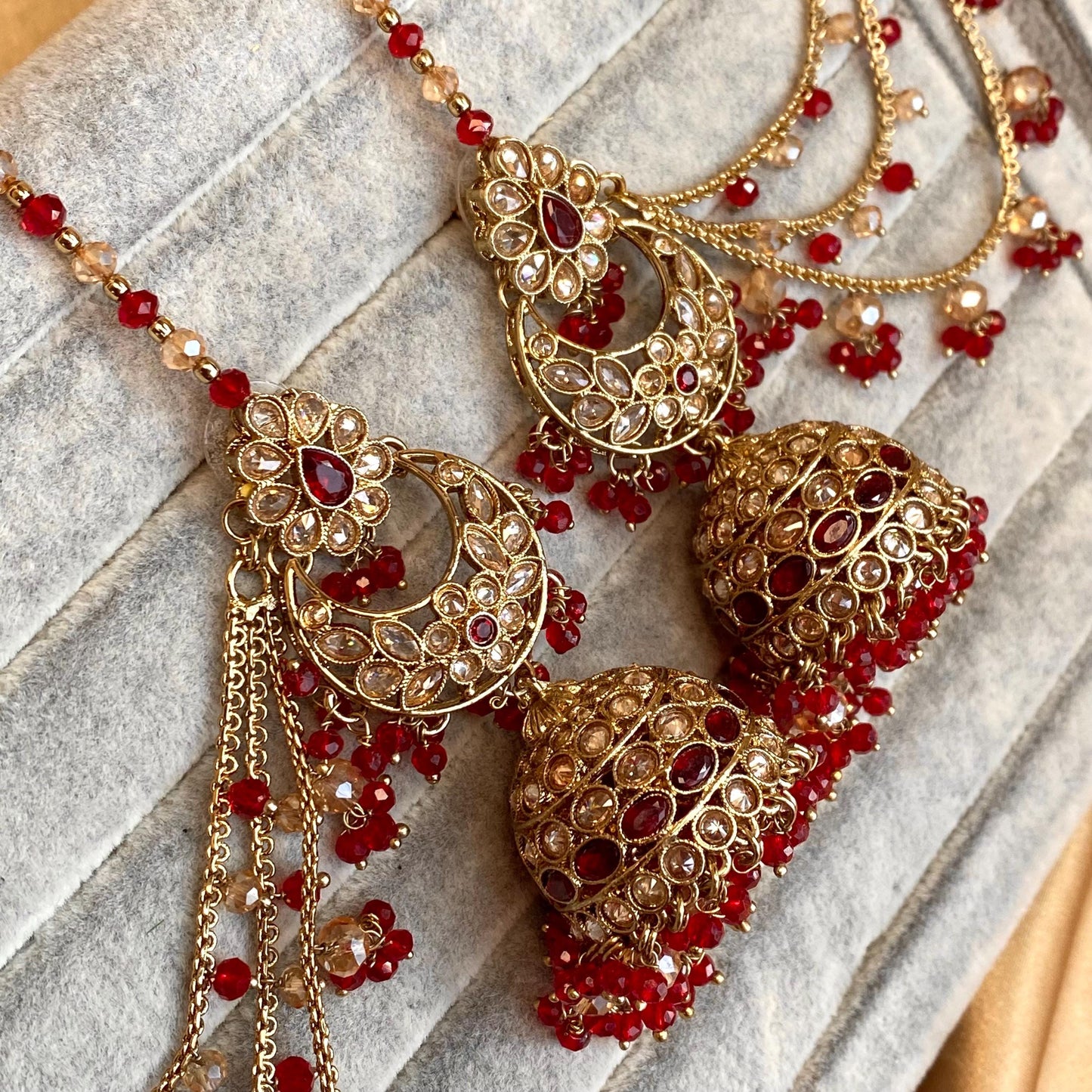 Red Antique Gold Champagne Jhumka Earring only Chain Saharey Detail Bridal Wedding Jewellery Indian Pakistani Bollywood SALE