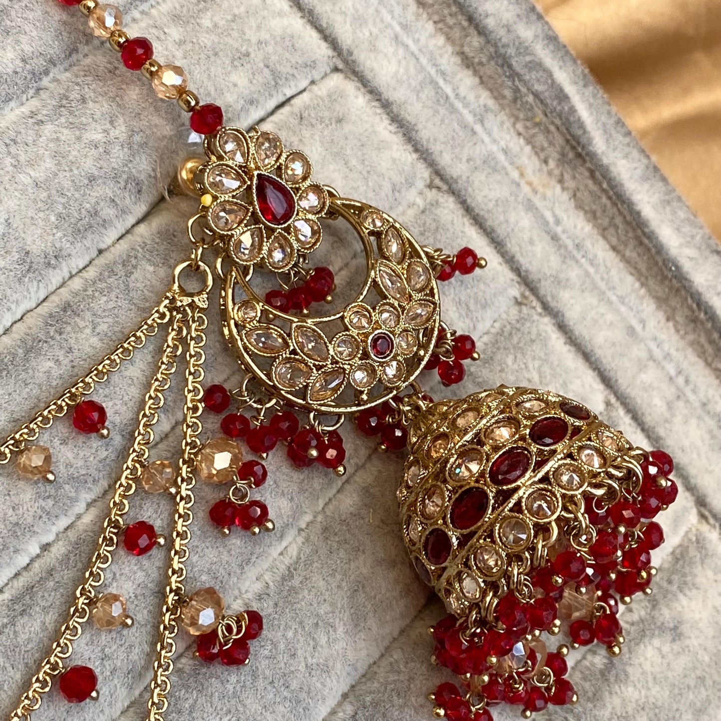 Red Antique Gold Champagne Jhumka Earring only Chain Saharey Detail Bridal Wedding Jewellery Indian Pakistani Bollywood SALE