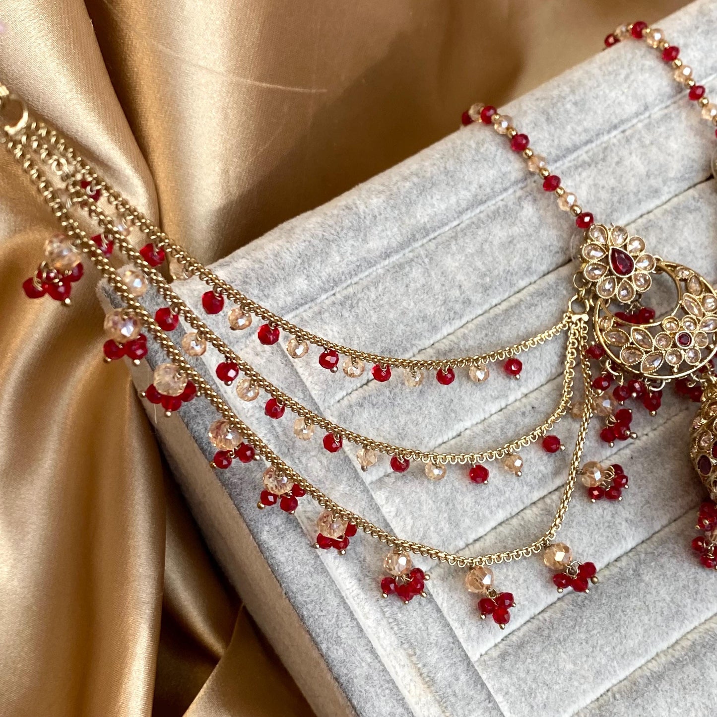 Red Antique Gold Champagne Jhumka Earring only Chain Saharey Detail Bridal Wedding Jewellery Indian Pakistani Bollywood SALE