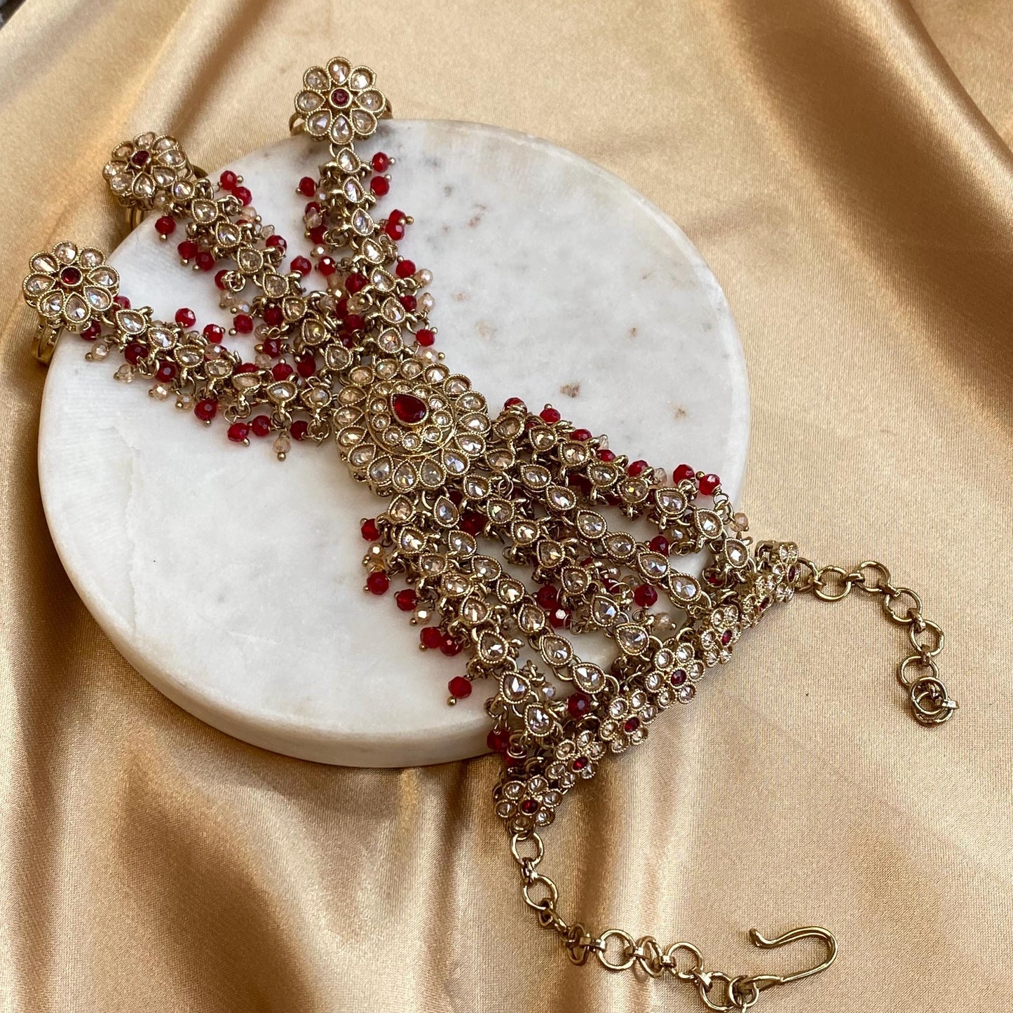 Red Antique Gold Champagne 3 Finger Hand Harness Adjustable Haath Phool Bridal Wedding Jewellery Indian Pakistani Bollywood SALE