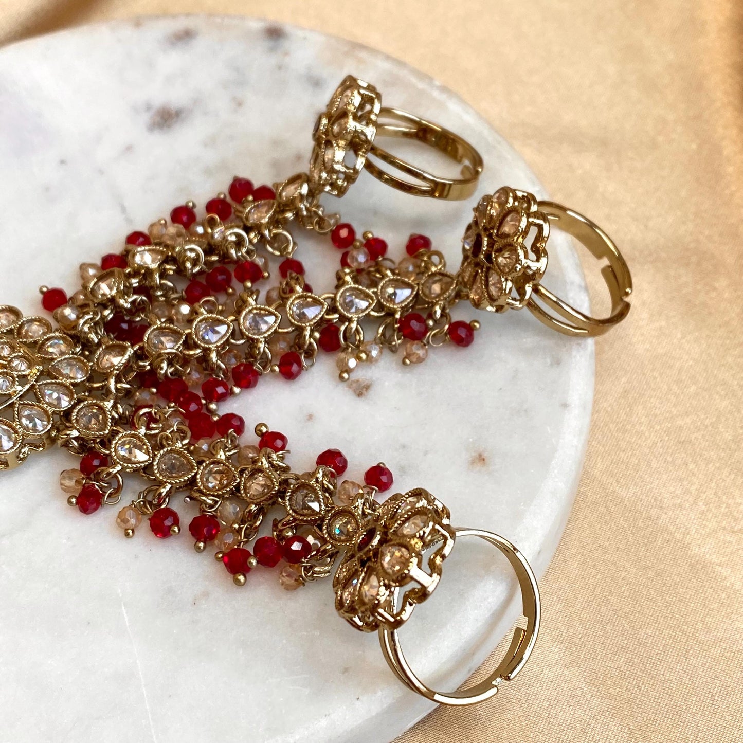 Red Antique Gold Champagne 3 Finger Hand Harness Adjustable Haath Phool Bridal Wedding Jewellery Indian Pakistani Bollywood SALE