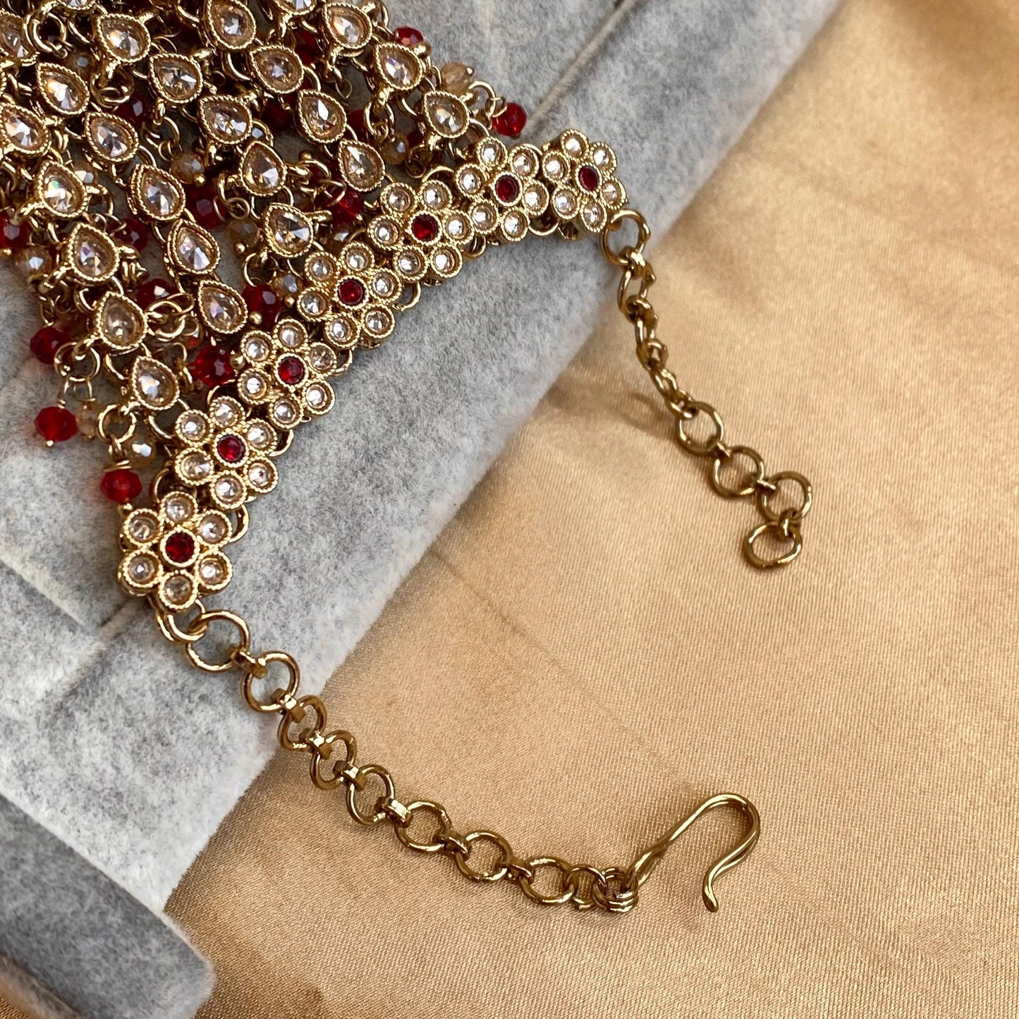 Red Antique Gold Champagne 3 Finger Hand Harness Adjustable Haath Phool Bridal Wedding Jewellery Indian Pakistani Bollywood SALE