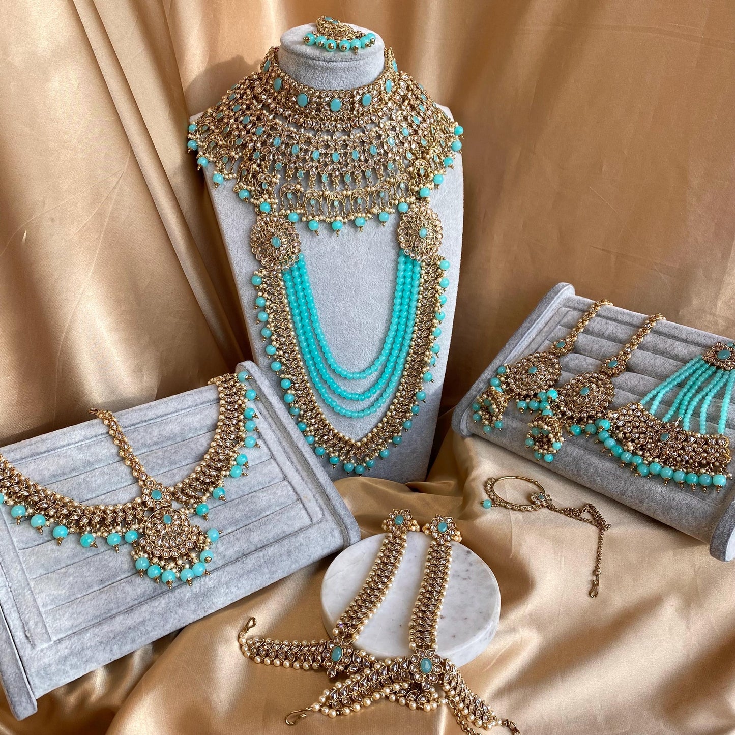 Blue 9Piece Antique Gold Champagne Bridal Large Choker Mala Tikka Earring Mathapatti Jhumar Hand Harness Nose Ring Indian Pakistani Full Set