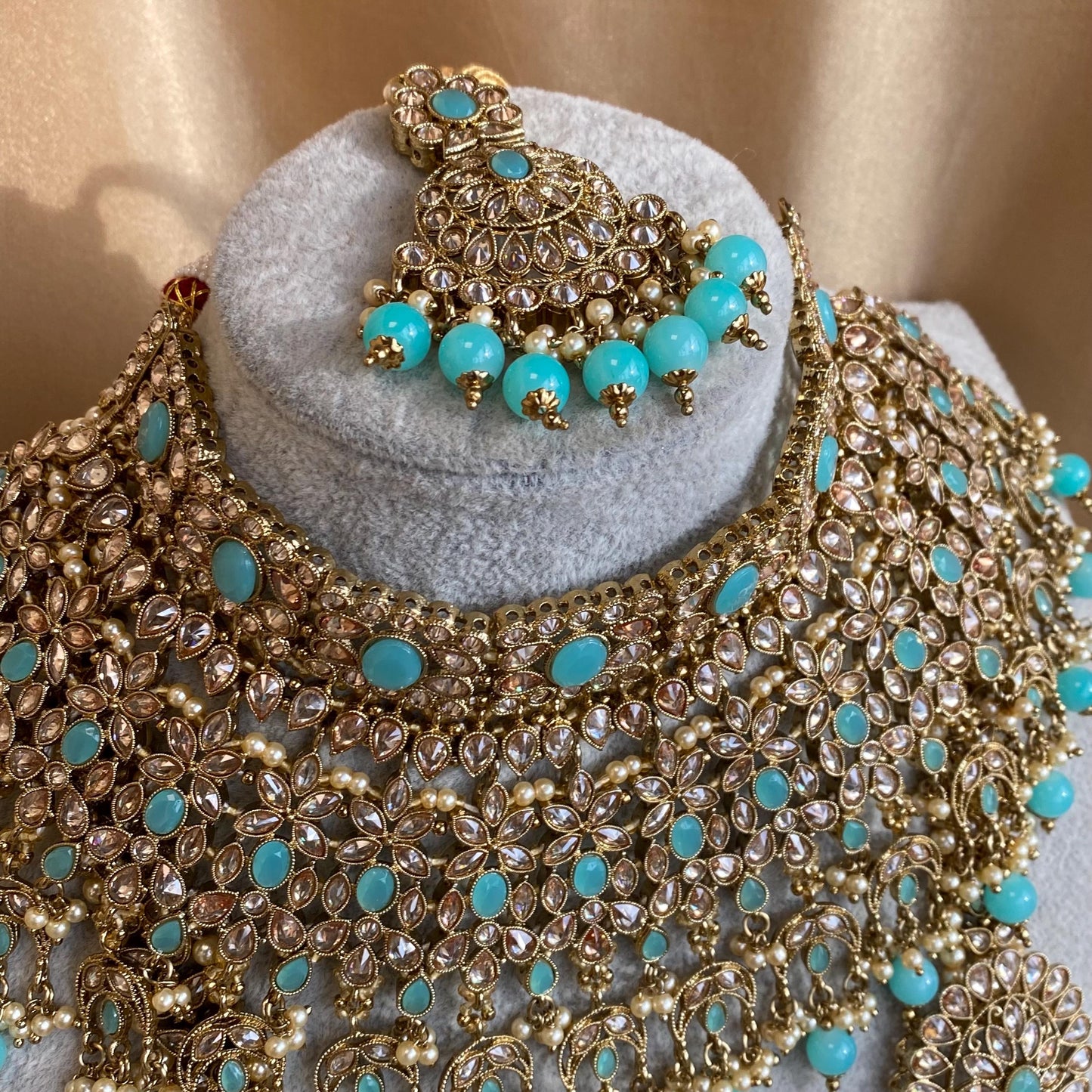Blue 9Piece Antique Gold Champagne Bridal Large Choker Mala Tikka Earring Mathapatti Jhumar Hand Harness Nose Ring Indian Pakistani Full Set
