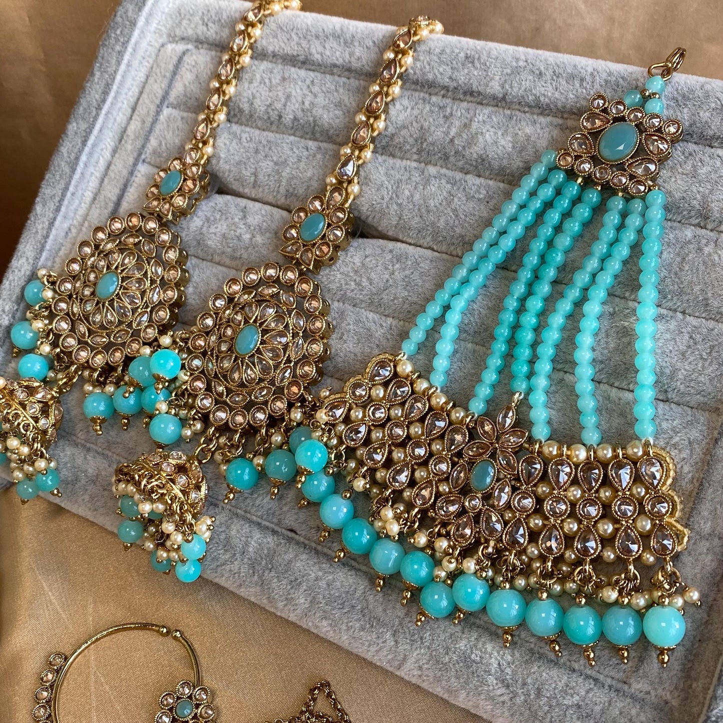 Blue 9Piece Antique Gold Champagne Bridal Large Choker Mala Tikka Earring Mathapatti Jhumar Hand Harness Nose Ring Indian Pakistani Full Set