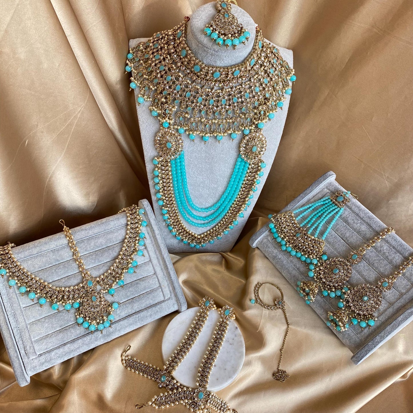 Blue 9Piece Antique Gold Champagne Bridal Large Choker Mala Tikka Earring Mathapatti Jhumar Hand Harness Nose Ring Indian Pakistani Full Set