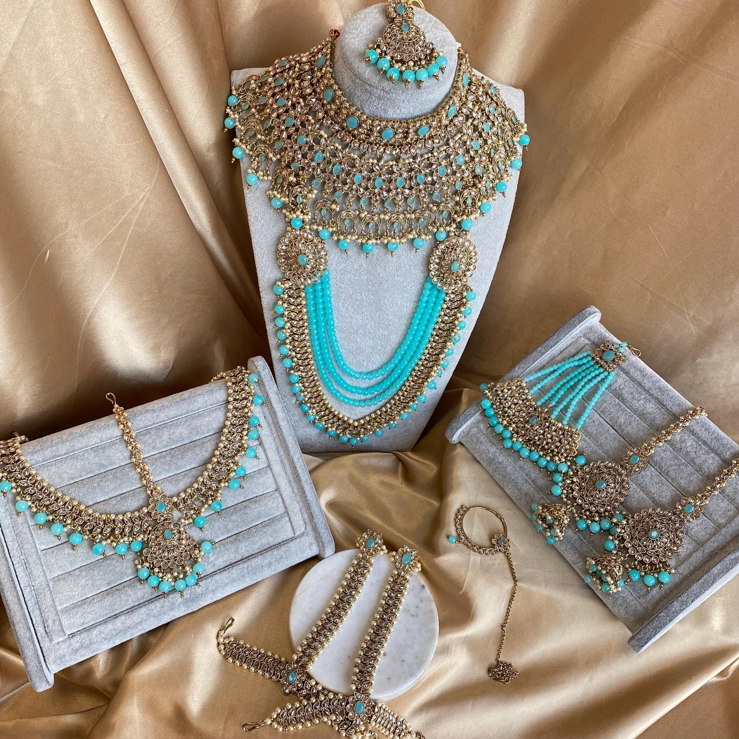 Blue 9Piece Antique Gold Champagne Bridal Large Choker Mala Tikka Earring Mathapatti Jhumar Hand Harness Nose Ring Indian Pakistani Full Set