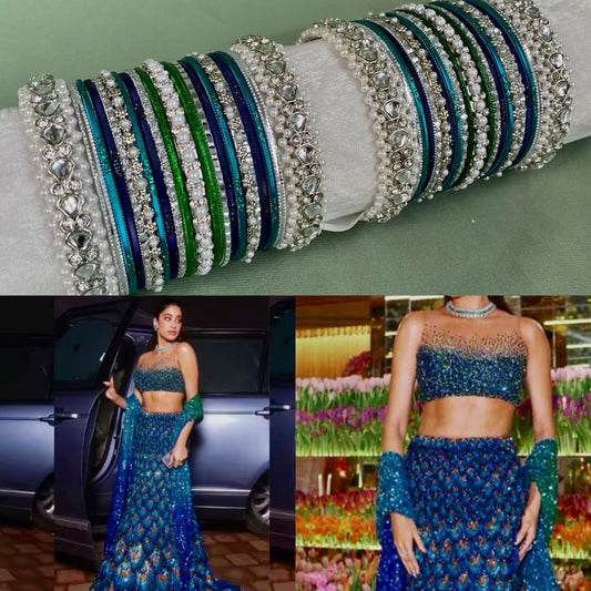 Silver & Blue Faux Kundan Bangle Set/Janvi Kapoor Inspired/Bollywood/Personalise Bangles/Custom Bangles/Matching Bangles/Peacock Bangles