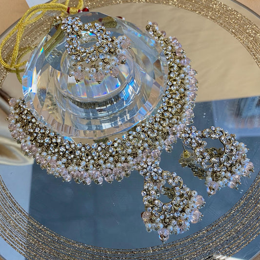 Light Pink Clear Crystal Necklace Set/Pink Necklace Set/Indian Necklace Set/Light Pink Necklace Set