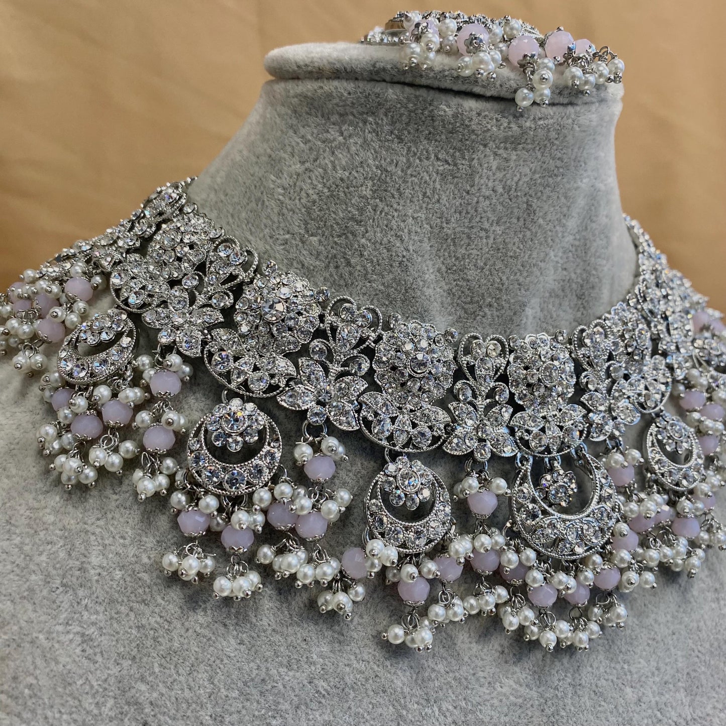 Silver Pink Bridal Indian Bridal Set/Silver Necklace Set/ Indian/Pink Necklace Set/Pink Necklace Set/ Wedding/Indian Bridal Jewellery