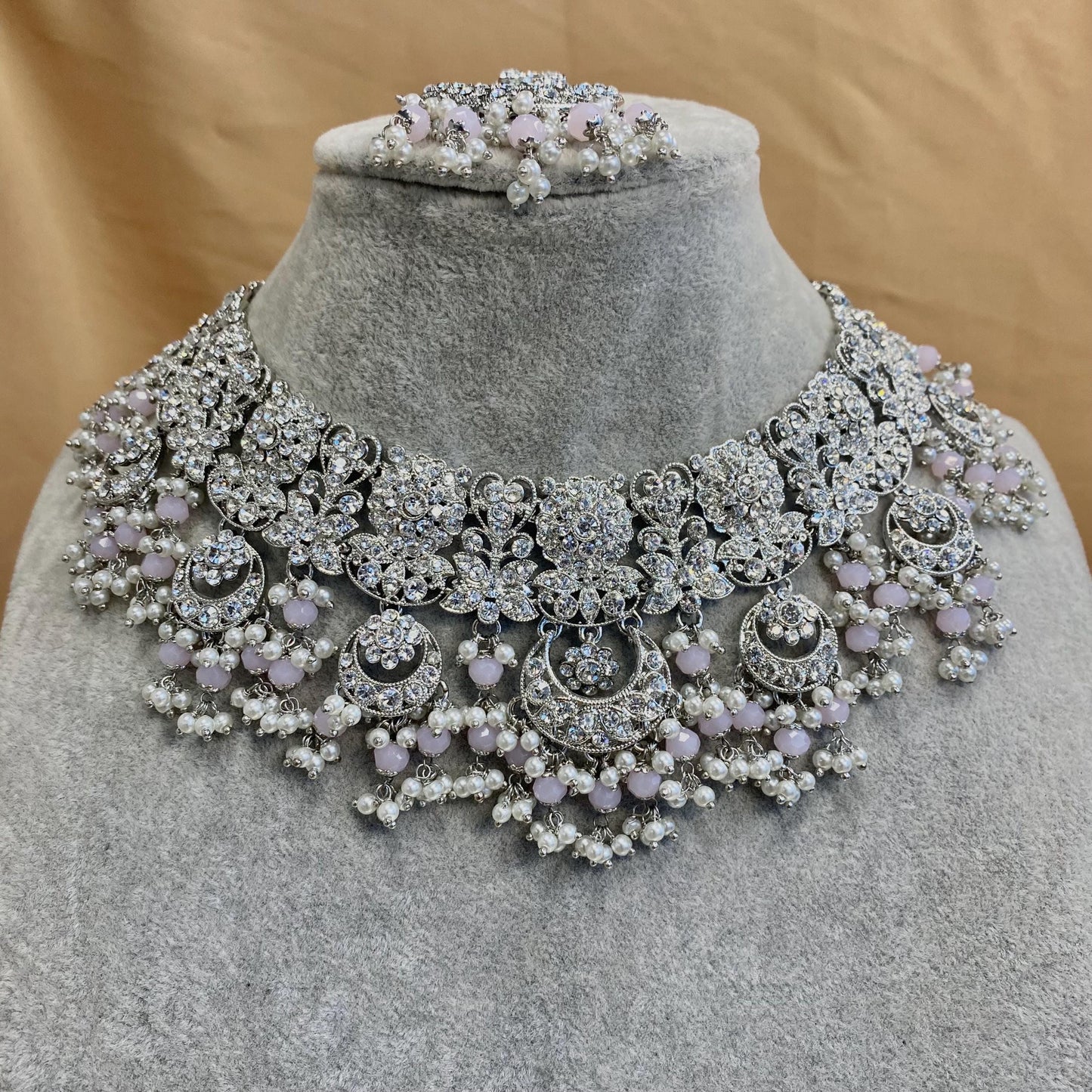 Silver Pink Bridal Indian Bridal Set/Silver Necklace Set/ Indian/Pink Necklace Set/Pink Necklace Set/ Wedding/Indian Bridal Jewellery